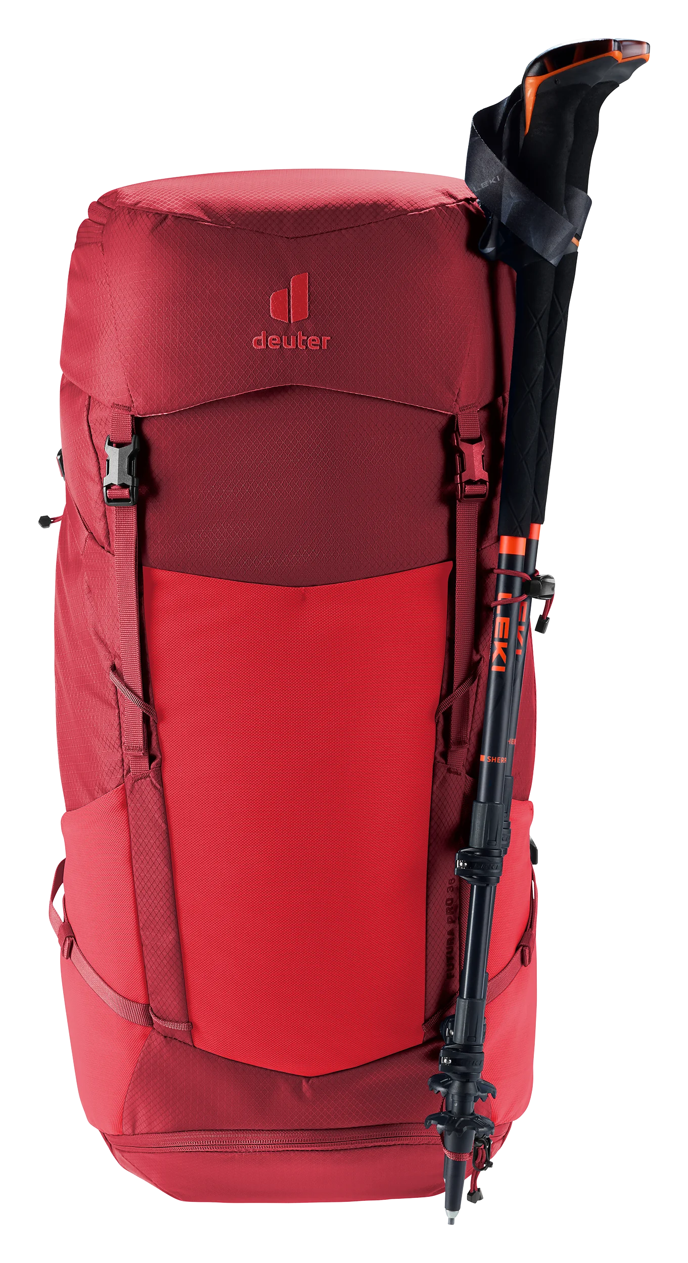 backpack, outdoor, red, hydration compatible, trekking poles attached
