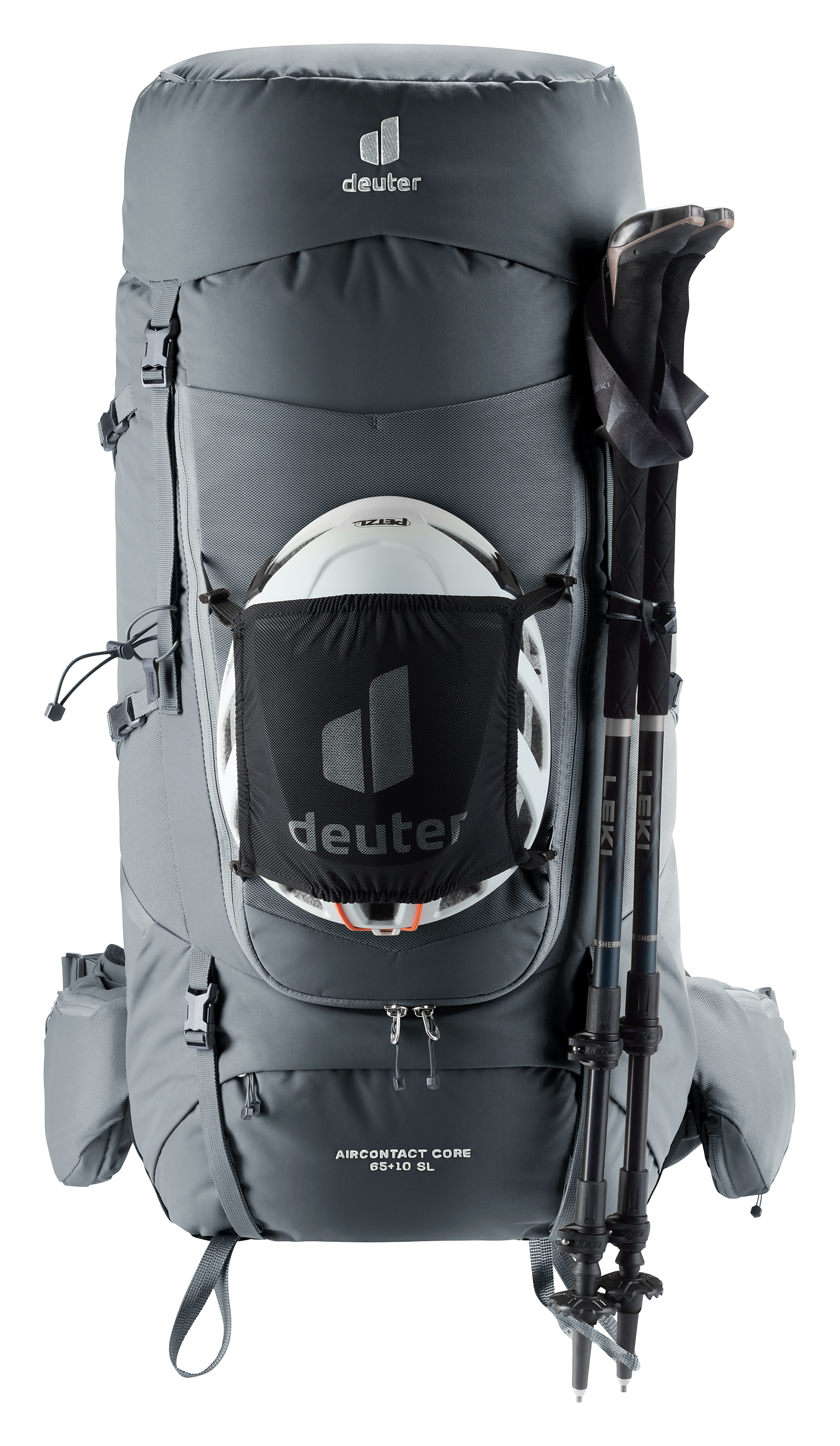 Aircontact Core 65+10 SL hiking backpack, backpack, trekking bag, external frame?, deuter brand, backpack, hydration-compatible, external-pocket, trekking-pole-attachments, gray