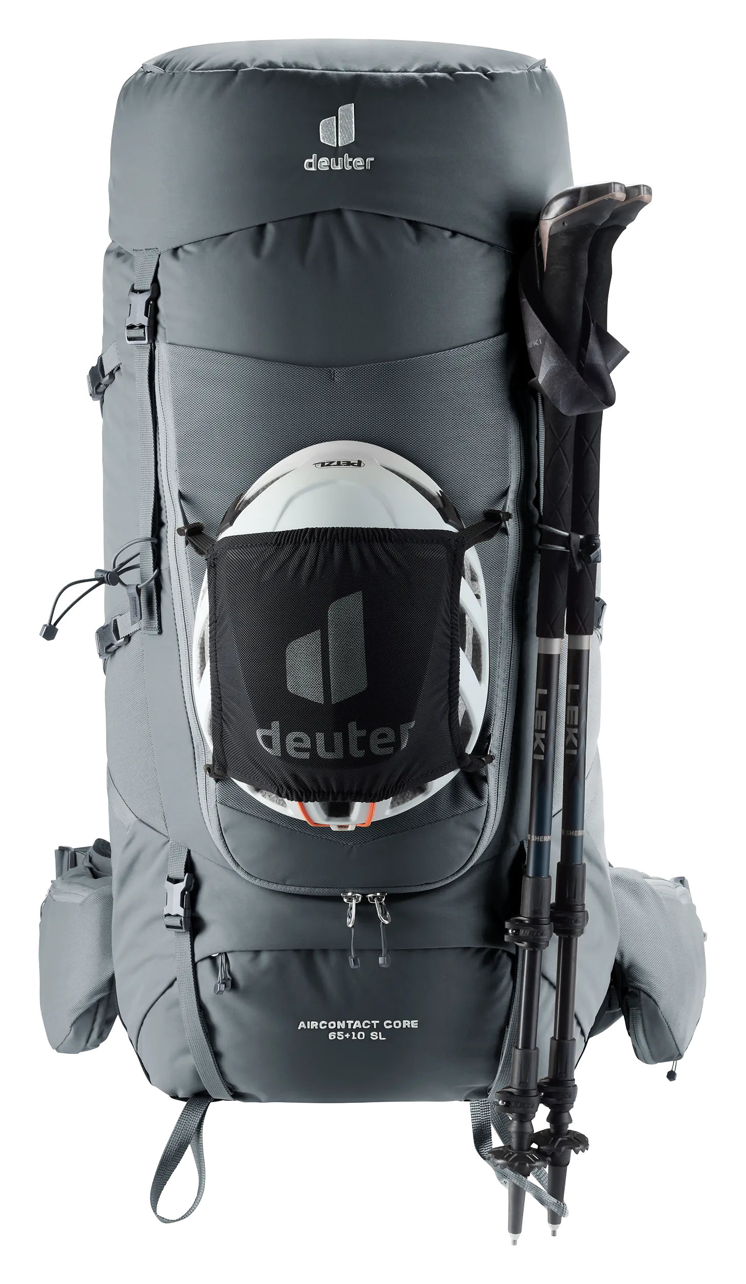hiking backpack, backpack, trekking bag, external frame?, deuter brand, backpack, hydration-compatible, external-pocket, trekking-pole-attachments, gray