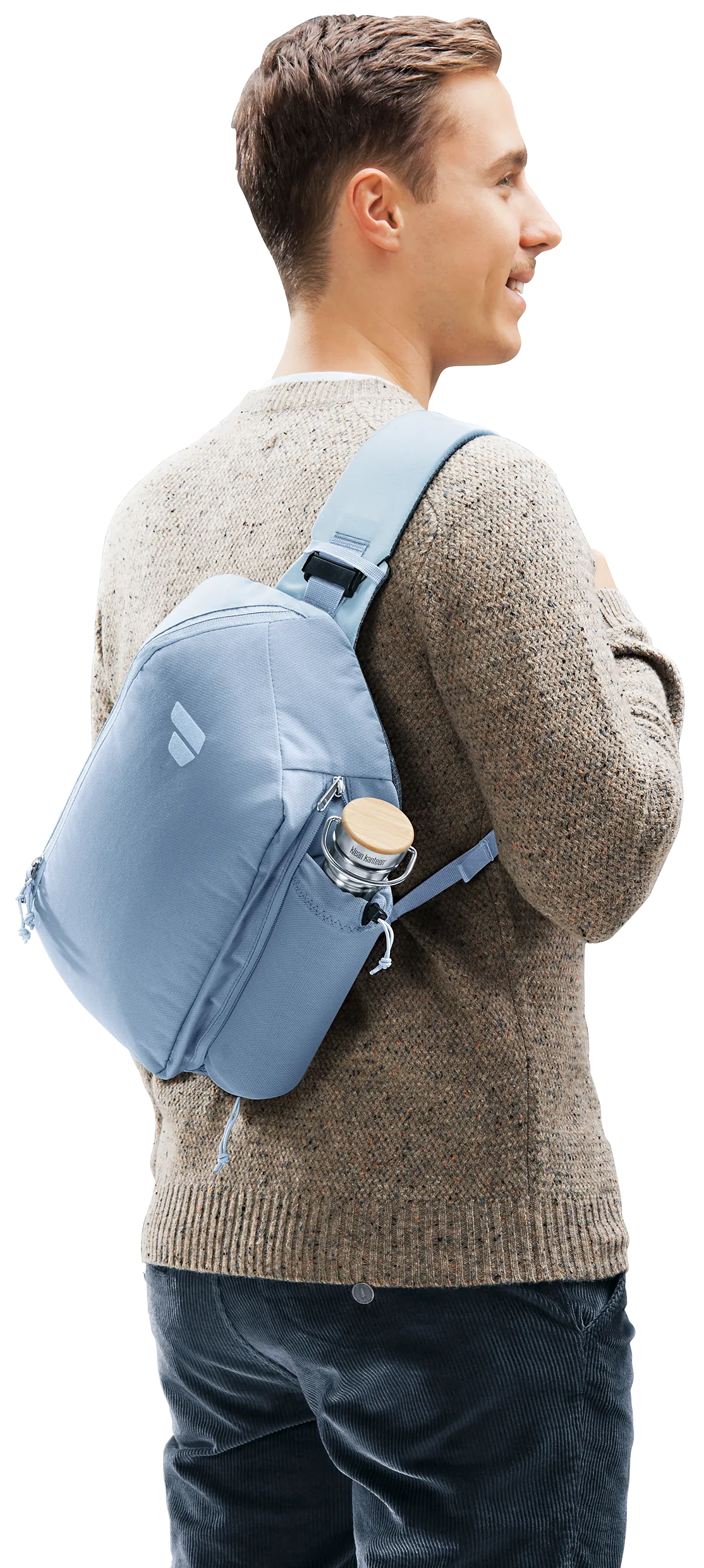 Sweater, Bag, Adult, Man, Person, backpack, shoulder bag, blue, water bottle pocket, utility