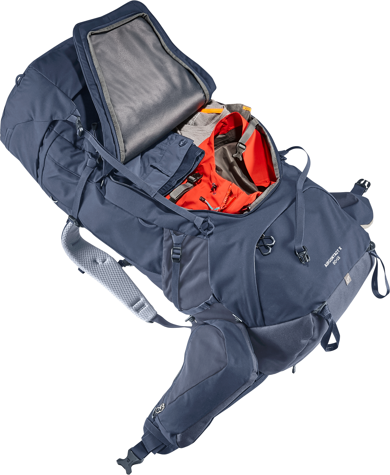Aircontact X 80+15 backpack, outdoor, hydration, blue, multi-pocket