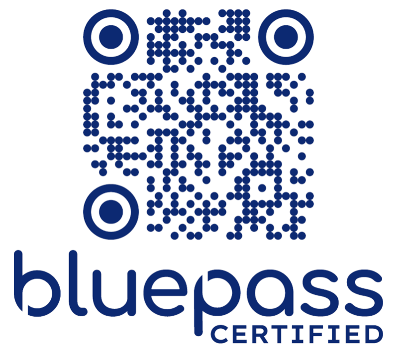QR code, blue, lanyard, bluepass, certified