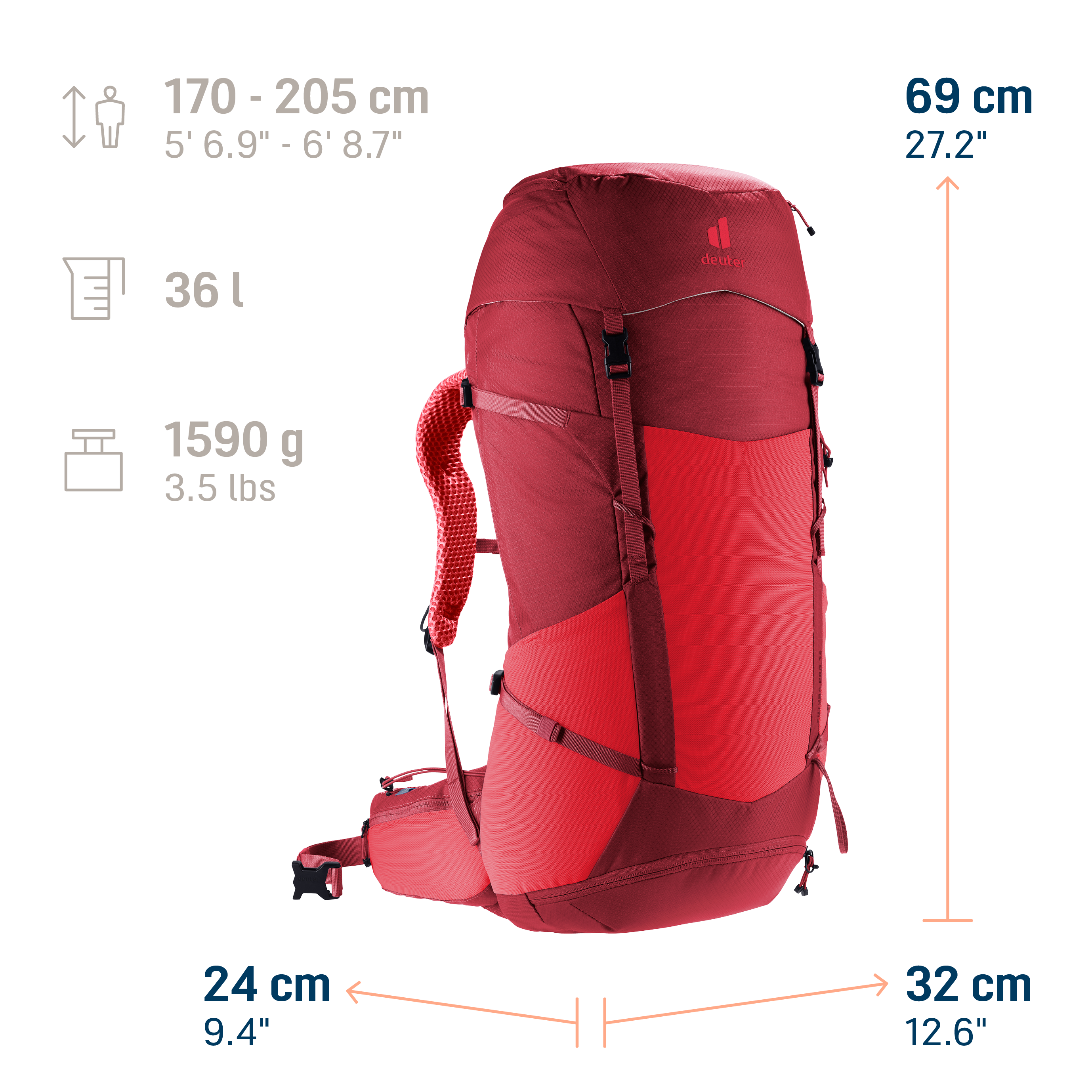 backpack, hiking, red, 36l, 36 liter