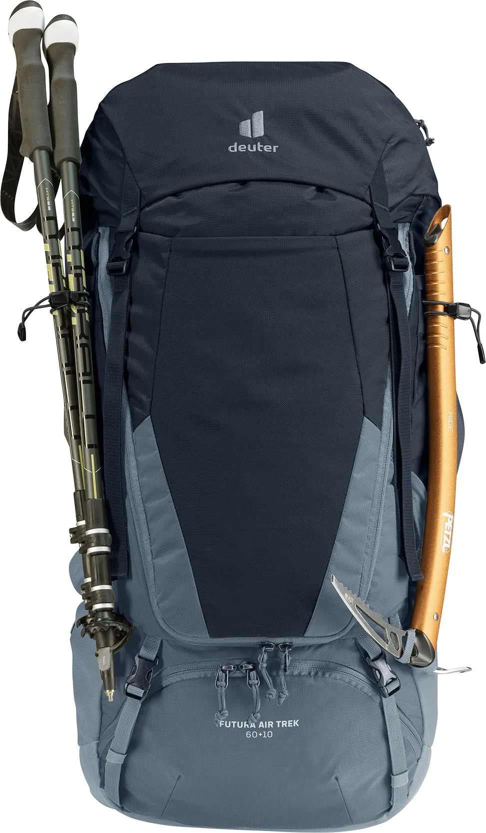 Bag, Backpack, backpack, hiking, deuter, 60+10, external, ice axe, trekking poles, orange tool, front view, blue-gray