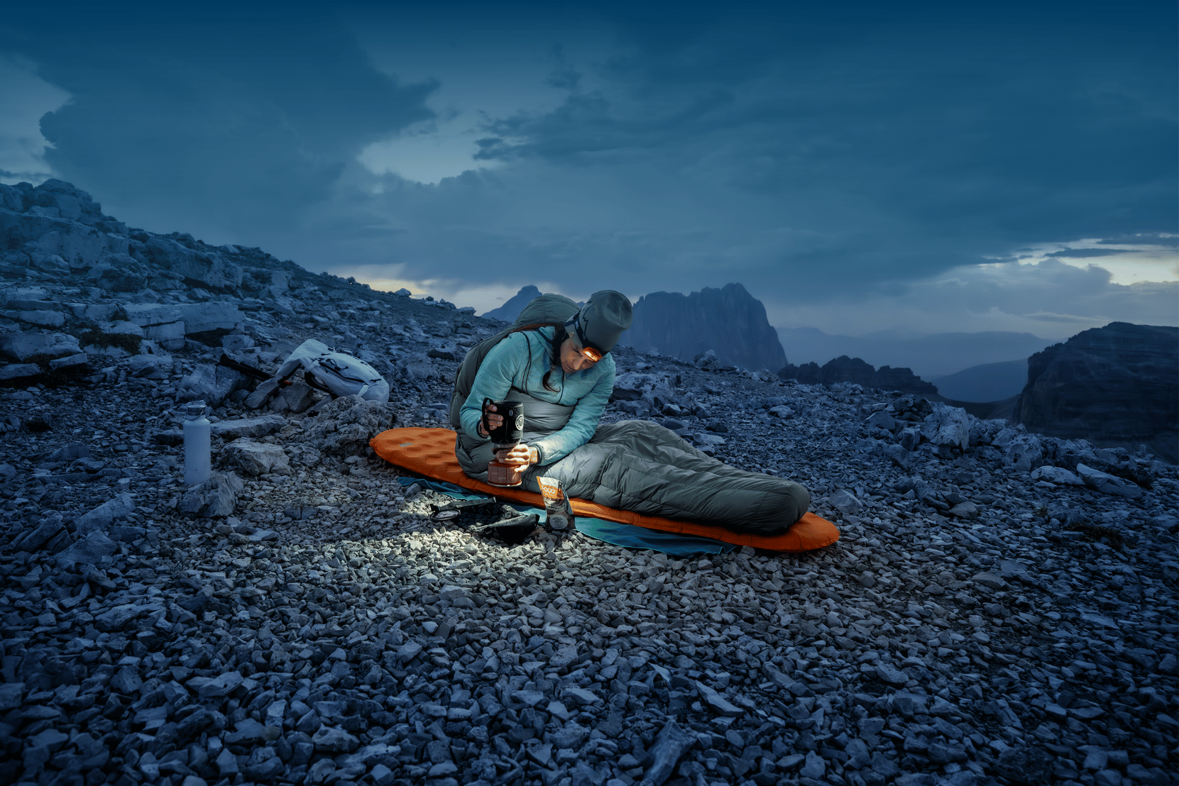 backpacking, sleeping-bag, mountain, camping, hydration-bottle