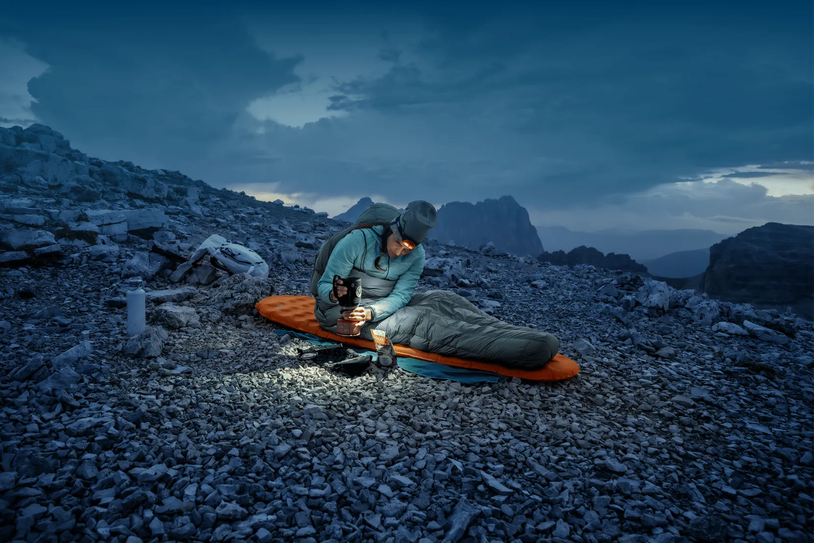 backpacking, sleeping-bag, mountain, camping, hydration-bottle