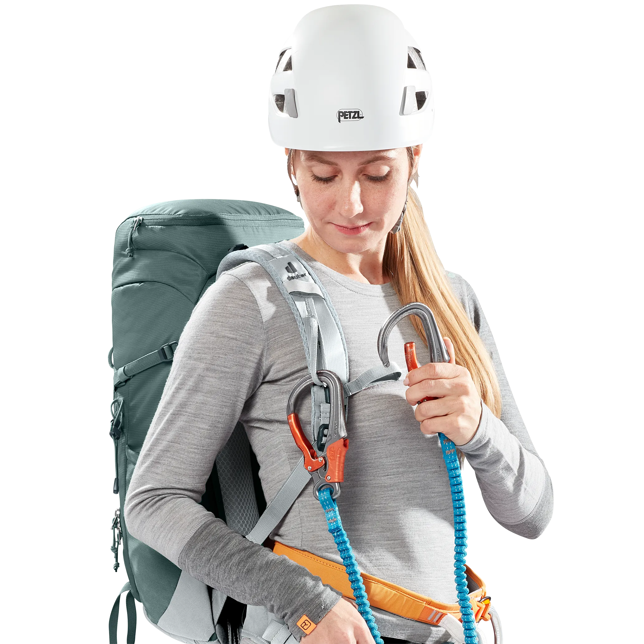 climbing harness, rock climbing, helmet, backpack, carabiners
