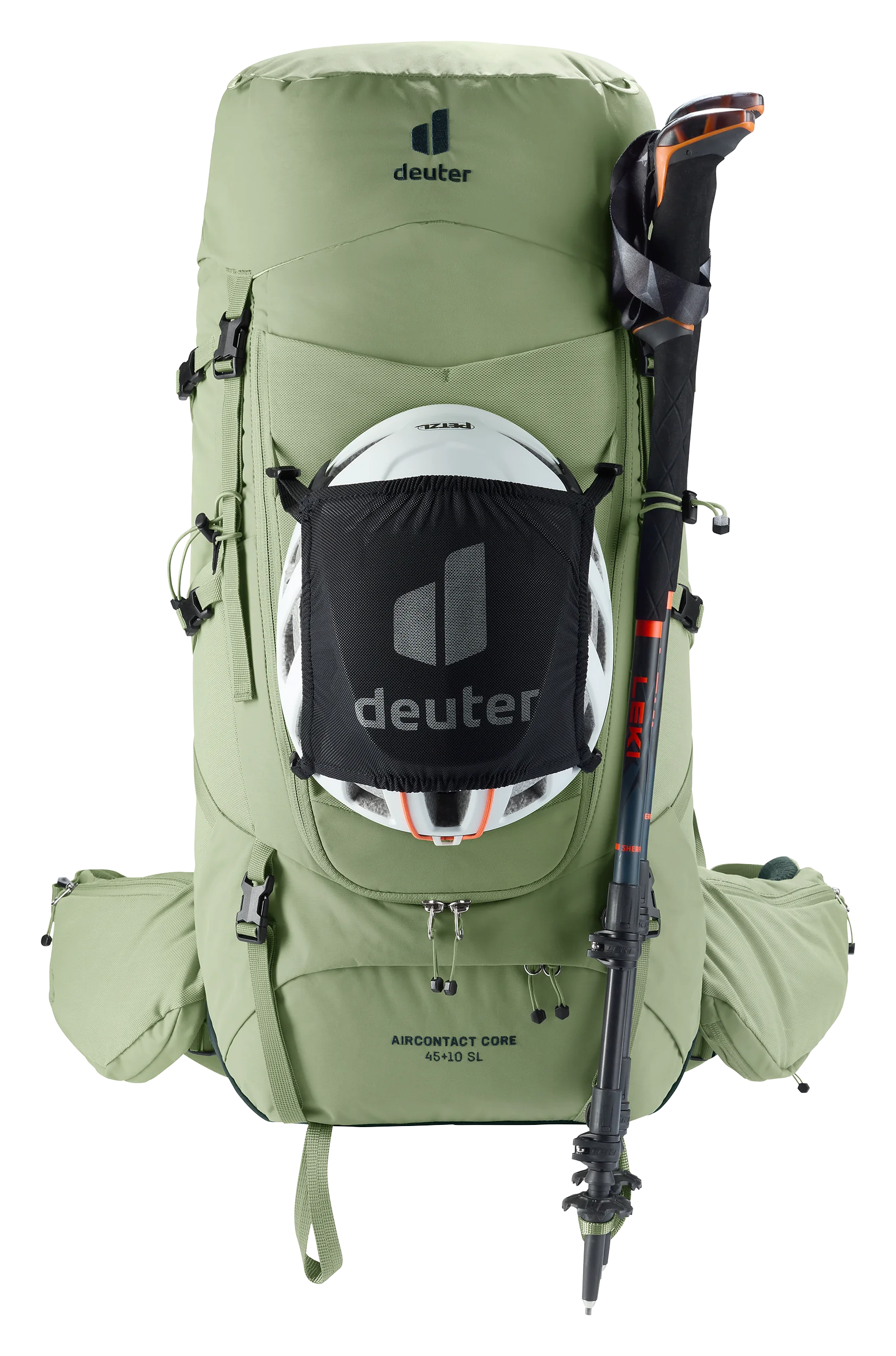 backpack, hiking, green, helmet carrier, ice axe