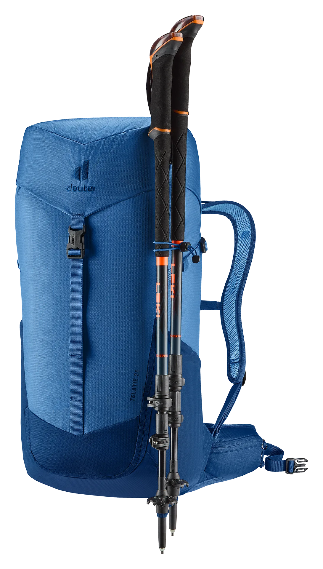 backpack, blue, hiking, trekking, poles