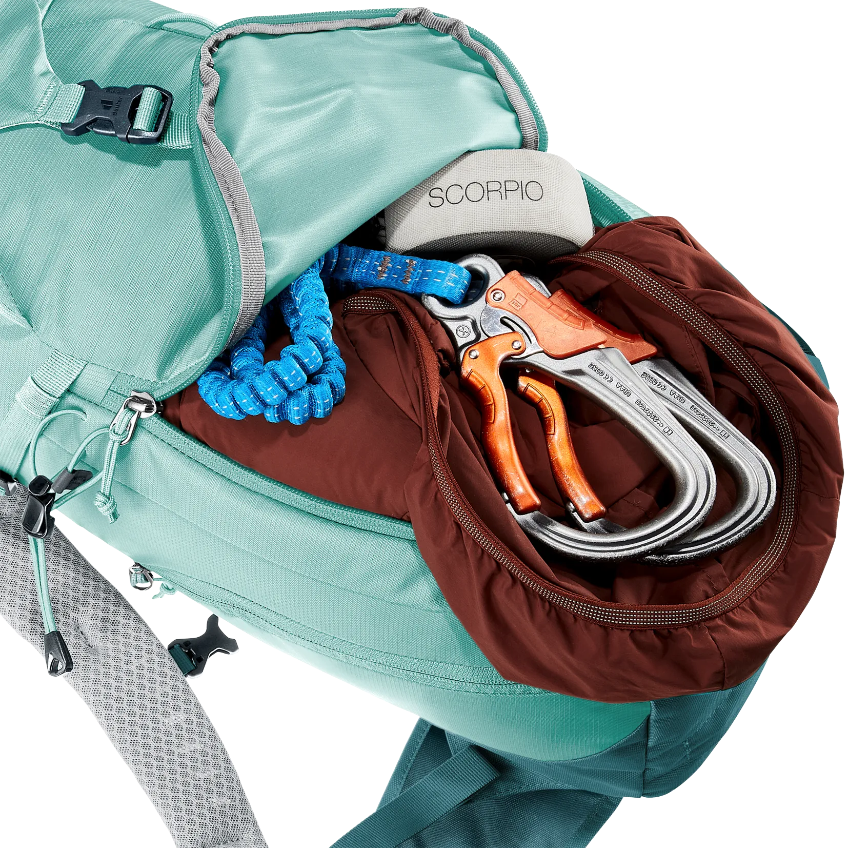 backpack, rope, carabiners, helmet, climbing gear