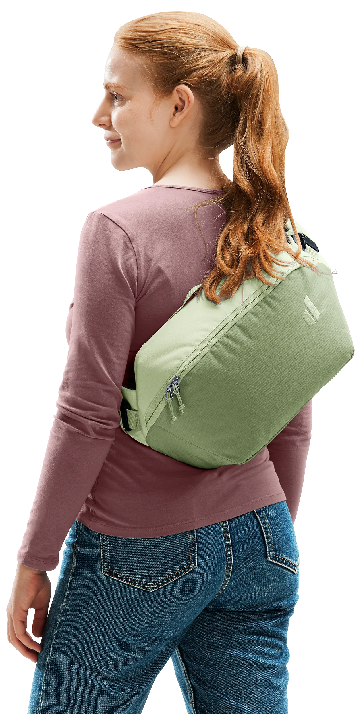 Long Sleeve, Jeans, Pants, Bag, Person, crossbody bag, hip pack, small bag, green bag, slim profile