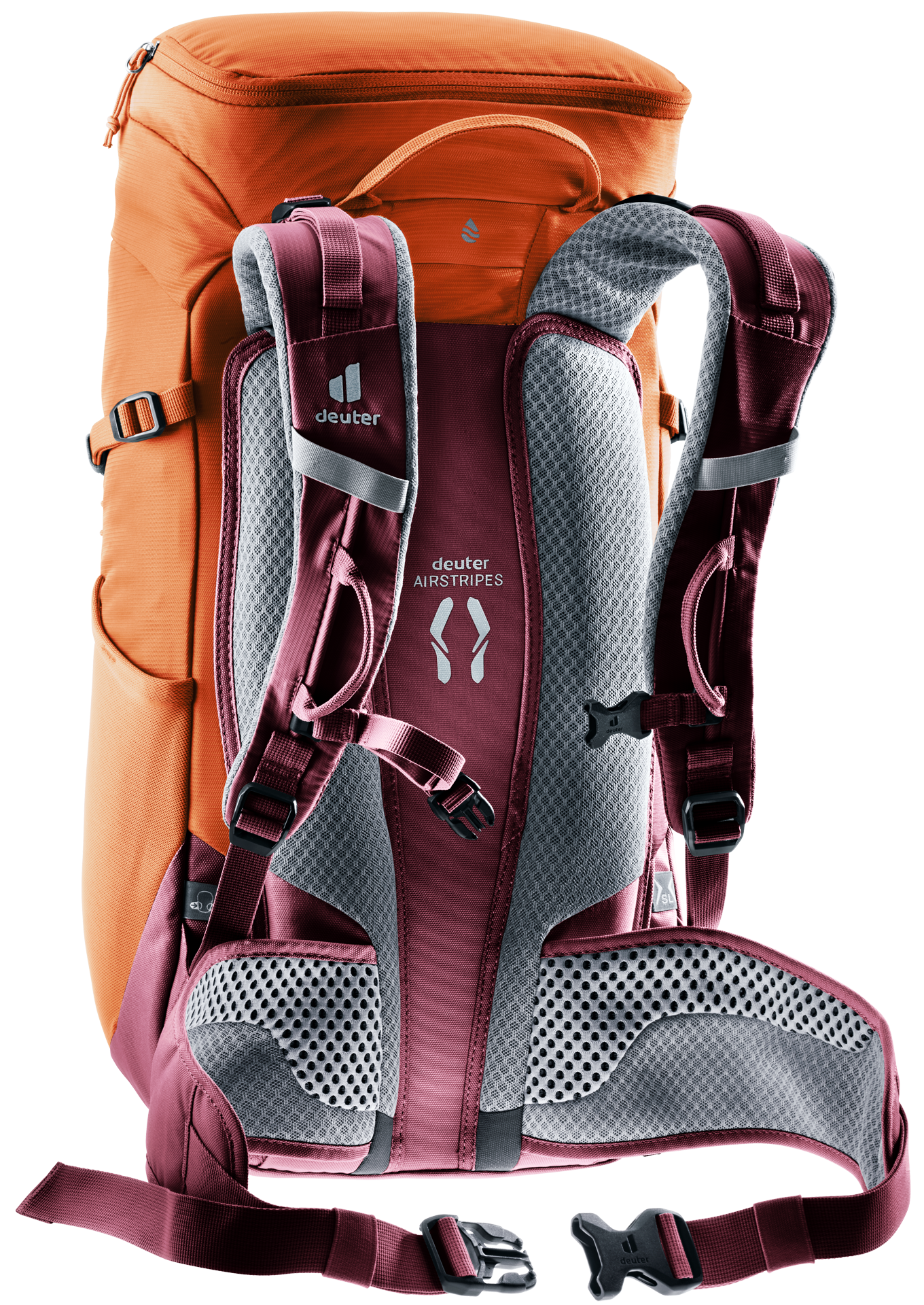 backpack, orange, pink, padded straps, mesh back