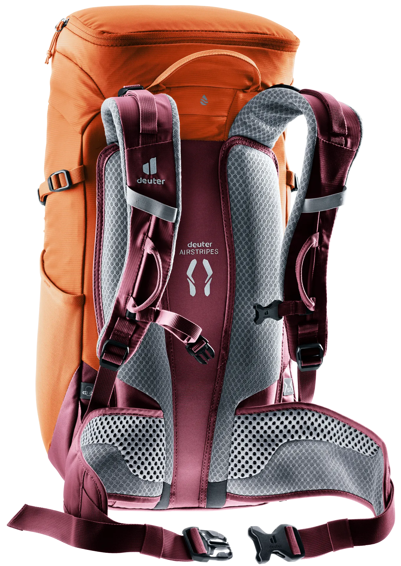 backpack, orange, pink, padded straps, mesh back