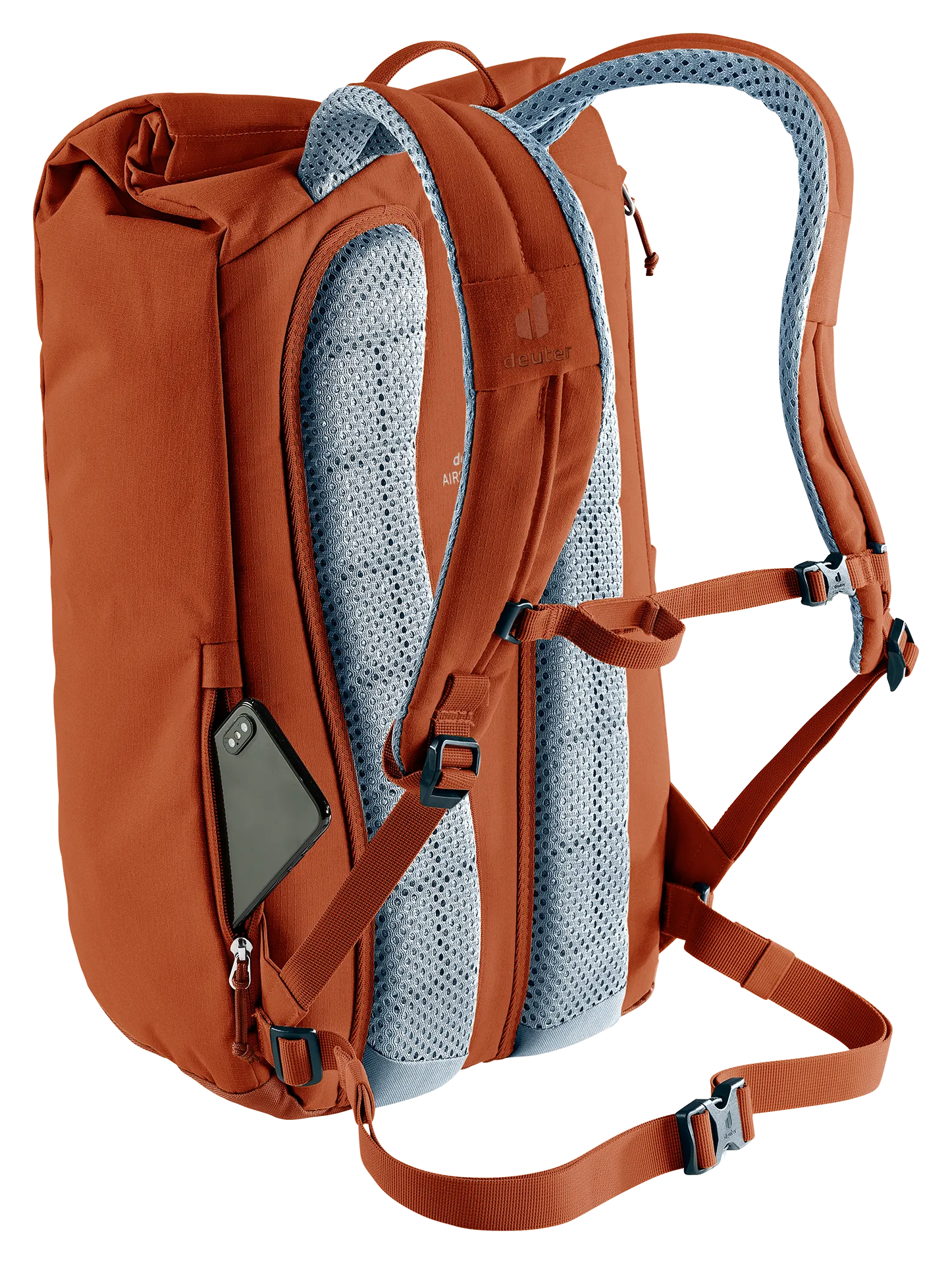 backpack, hiking, orange, mesh padding, side pocket