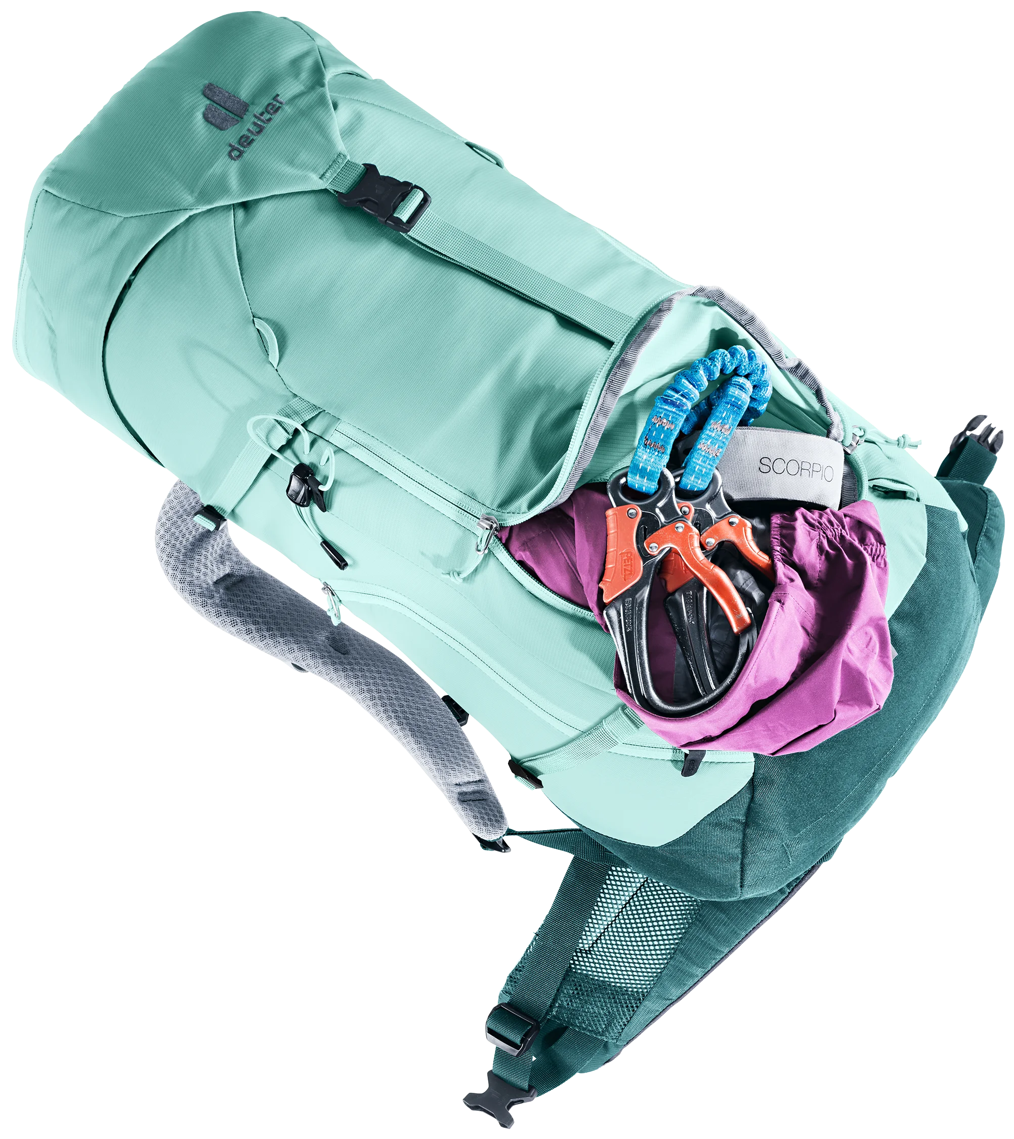 backpack, hiking, climbing gear, rope, carabiners