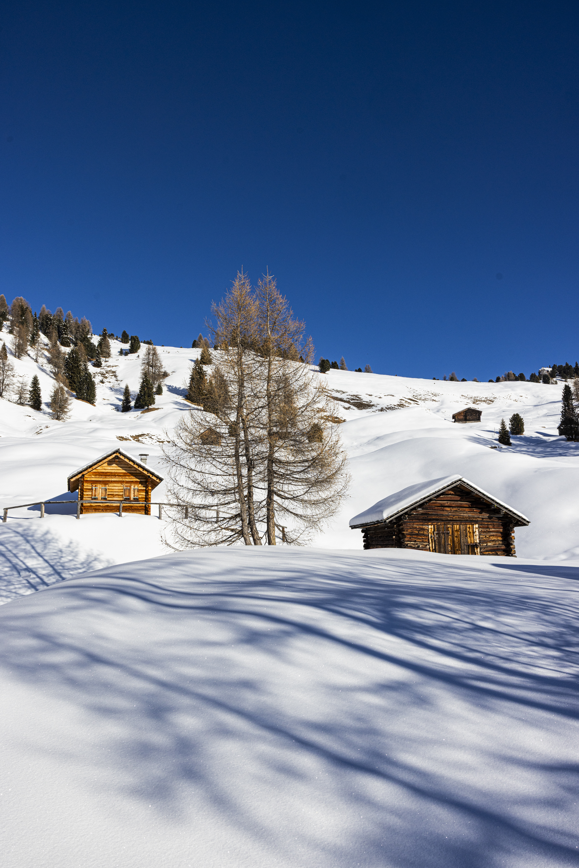 snowy mountain landscape, wooden cabins, winter scenery, blue sky, snow-covered trees