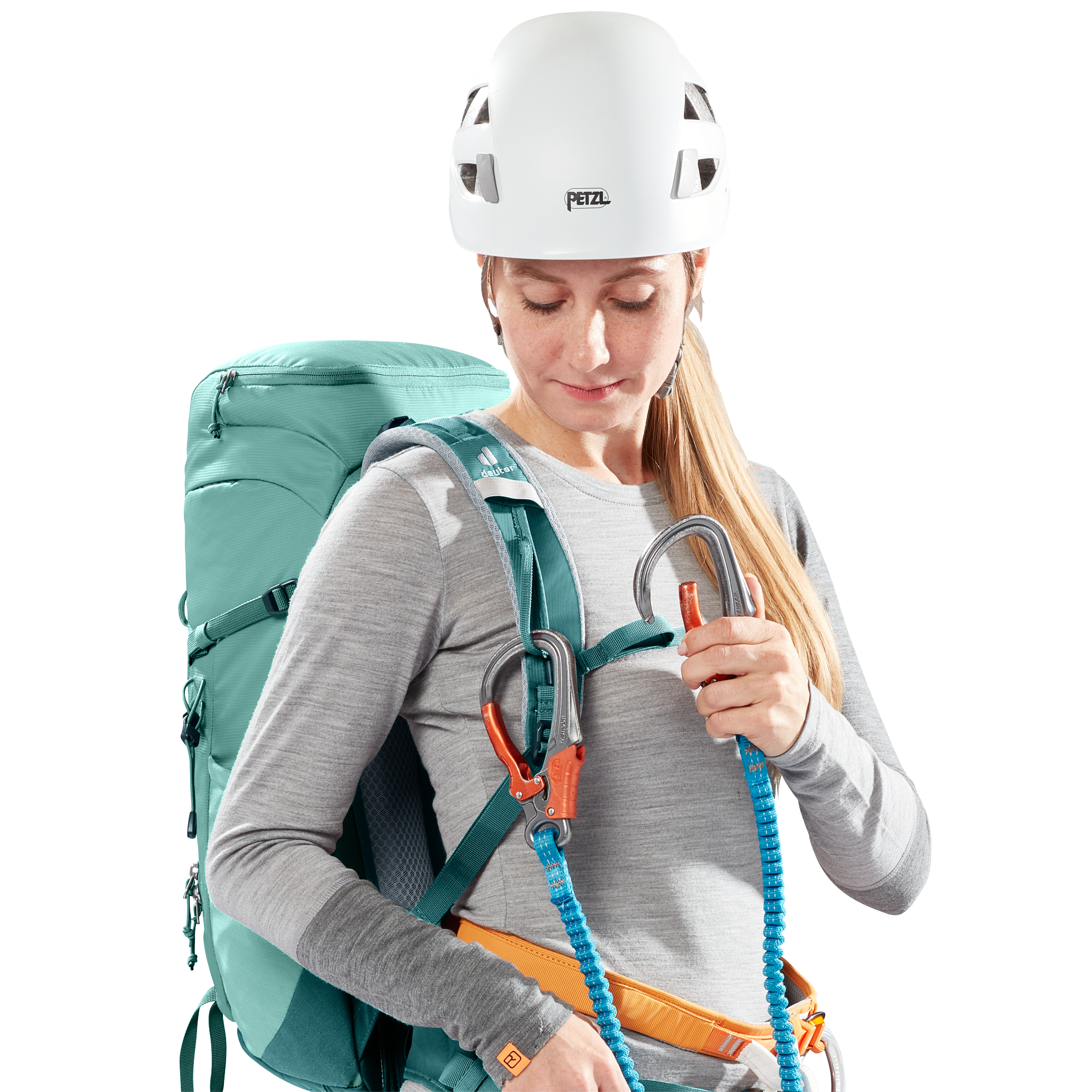 helmet, climbing, backpack, harness, carabiners
