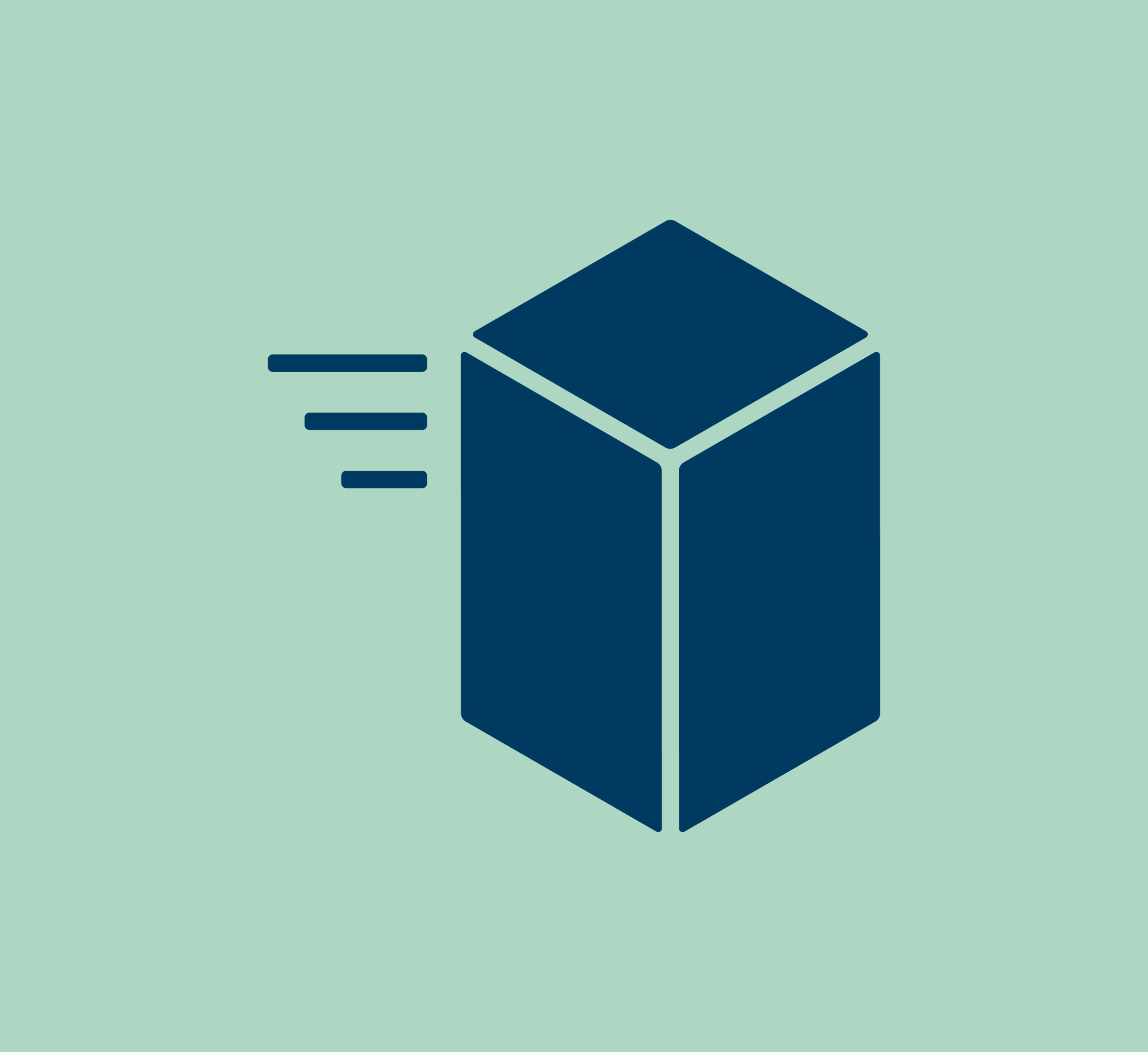 3D box icon, shipping graphic, navy blue, motion lines