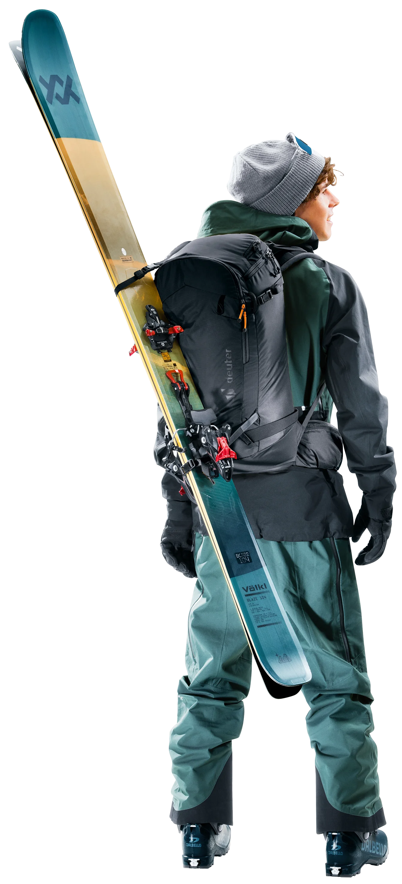 snowboard, binders, ski backpack, outdoor clothing, skiboarding gear