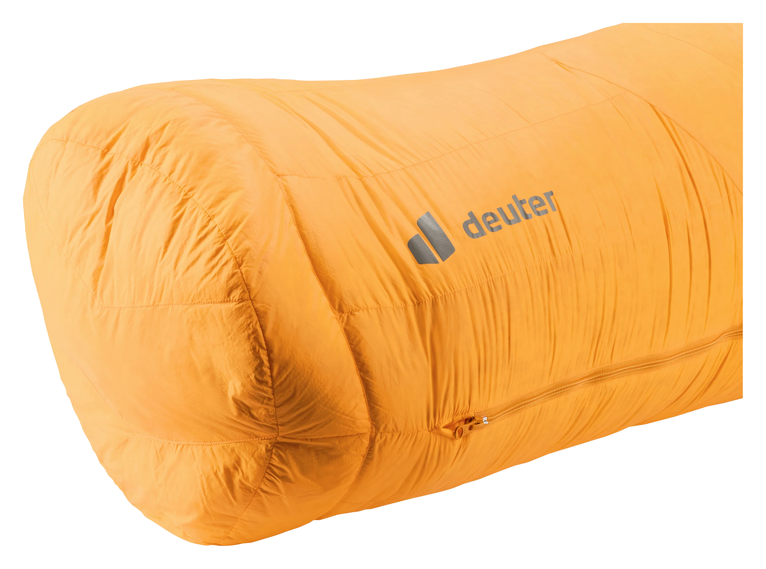 down sleeping bag, orange color, padded bag, zipper pocket, deuter logo