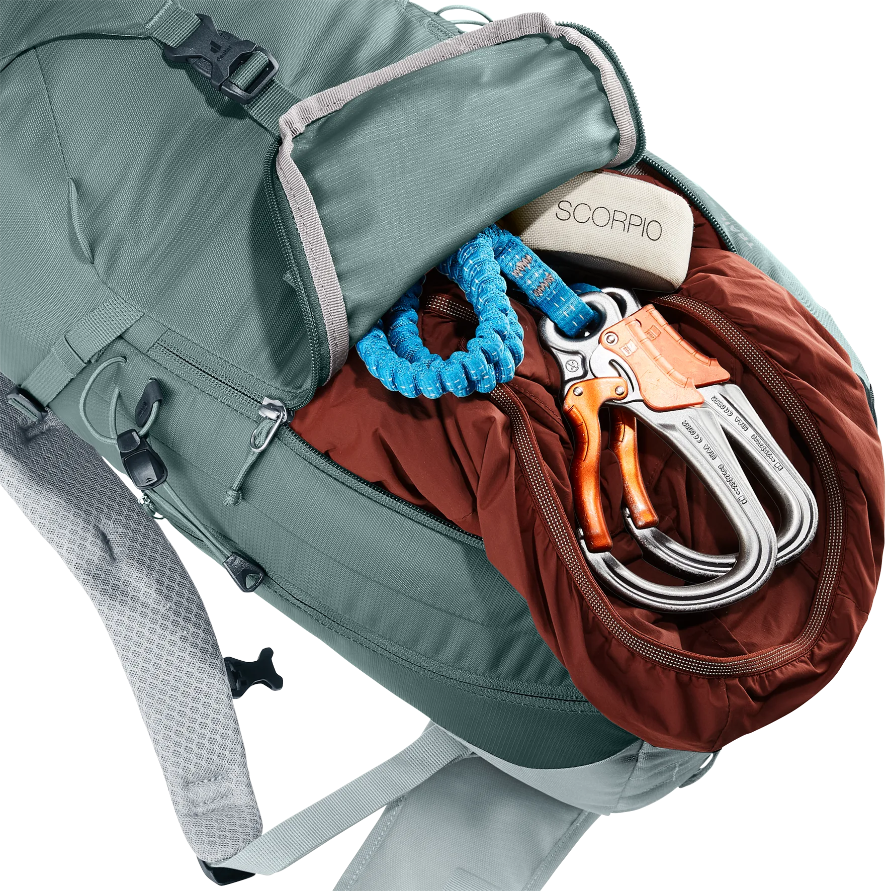 hiking backpack, climbing gear, carabiners, rope pouch, gray-green backpack