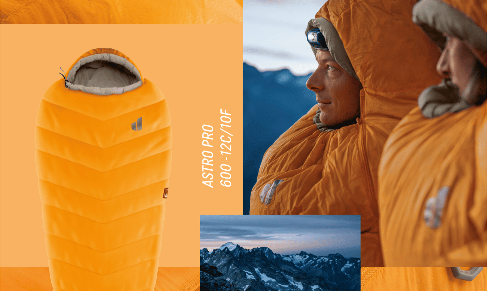 ASTRO-PRO-600-2C10F_hero2c down jacket, puffy jacket, orange color, insulated sleeping bag, mountain gear
