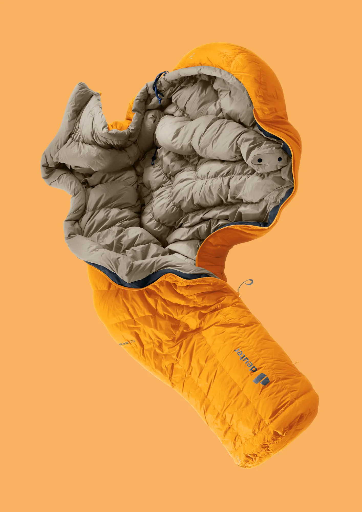 down sleeping bag, orange sleeping bag, hooded, taped edge, synthetic insulation