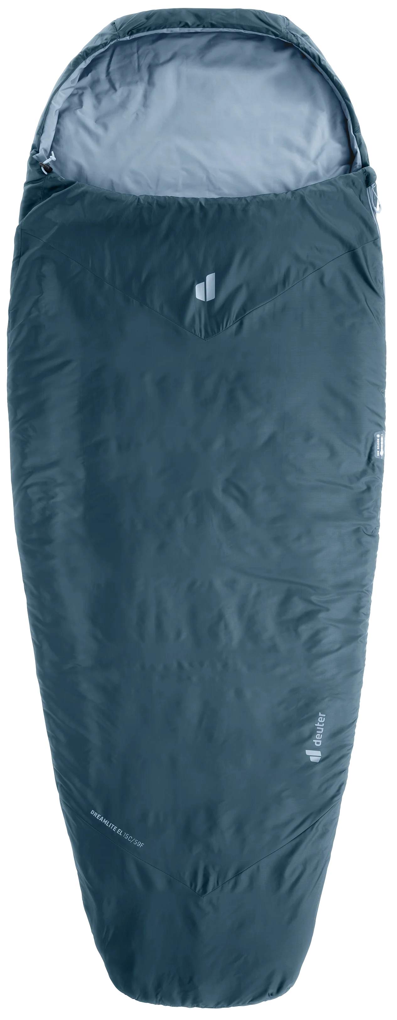Dreamlite EL 15C/59F sleeping bag, mummy shape, blue color, lightweight, compression stuffable