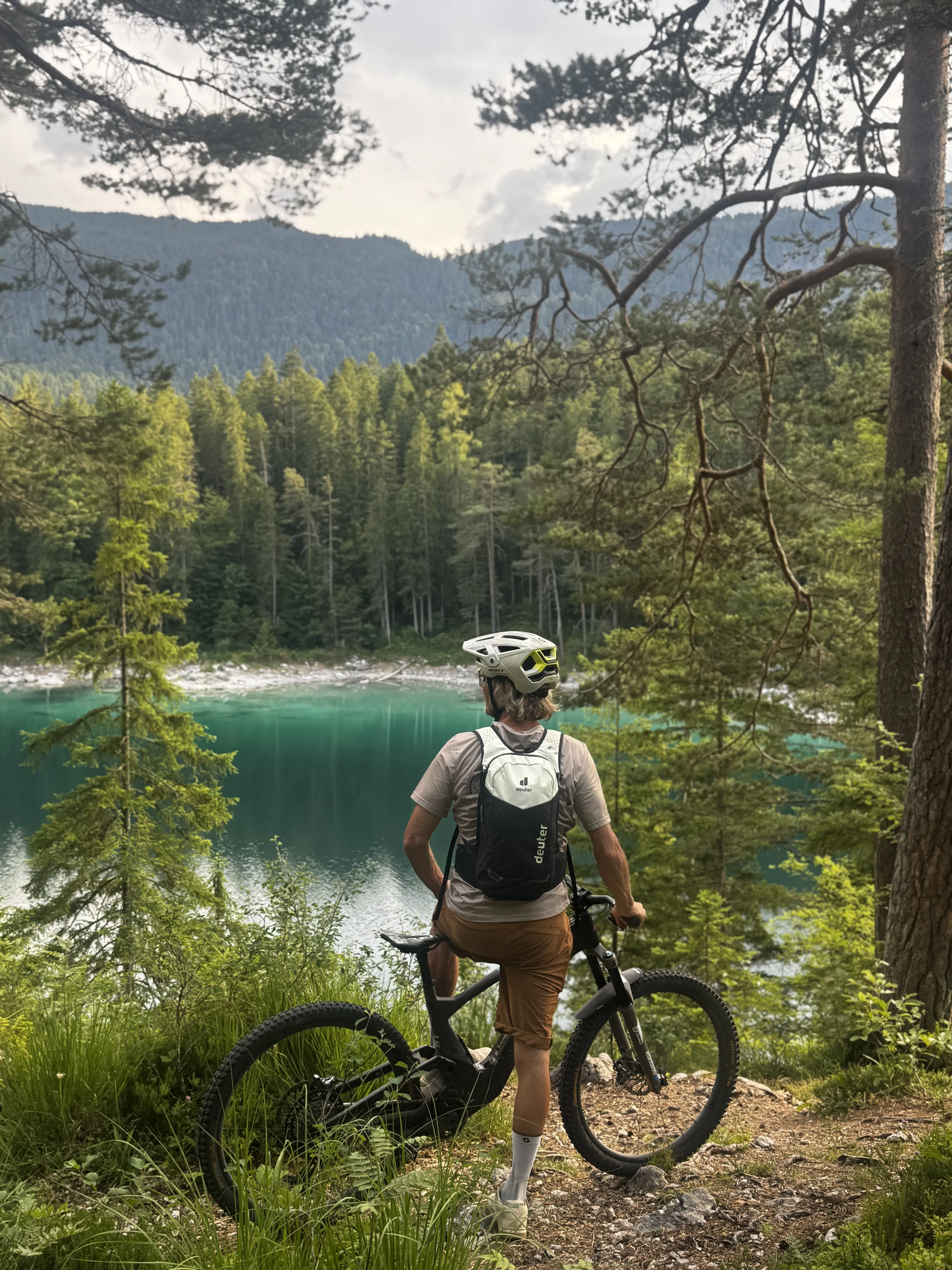mountain bike, backpack, helmet, trail, forest