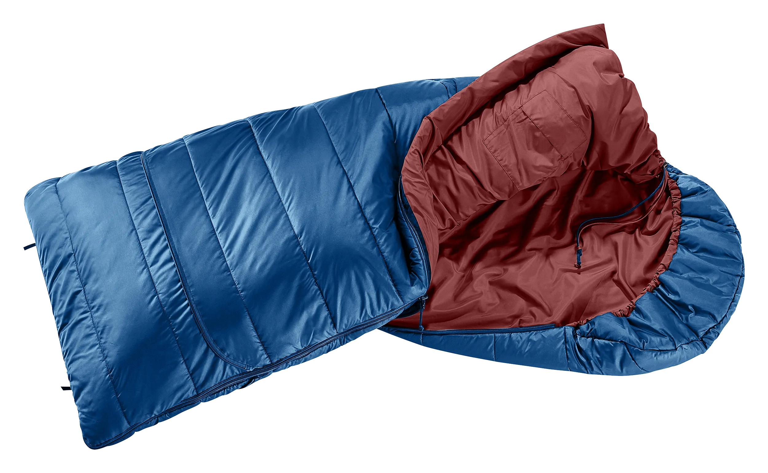 Clothing, Coat, Jacket, Vest, sleeping bag, mummy style, blue, red interior, drawcord