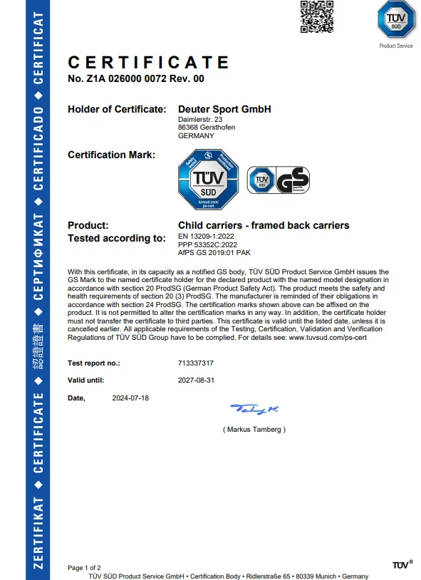 certificate, certified, tuv, gs mark, back carriers
