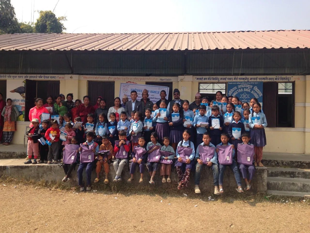 group, students, backpacks, school, class photo