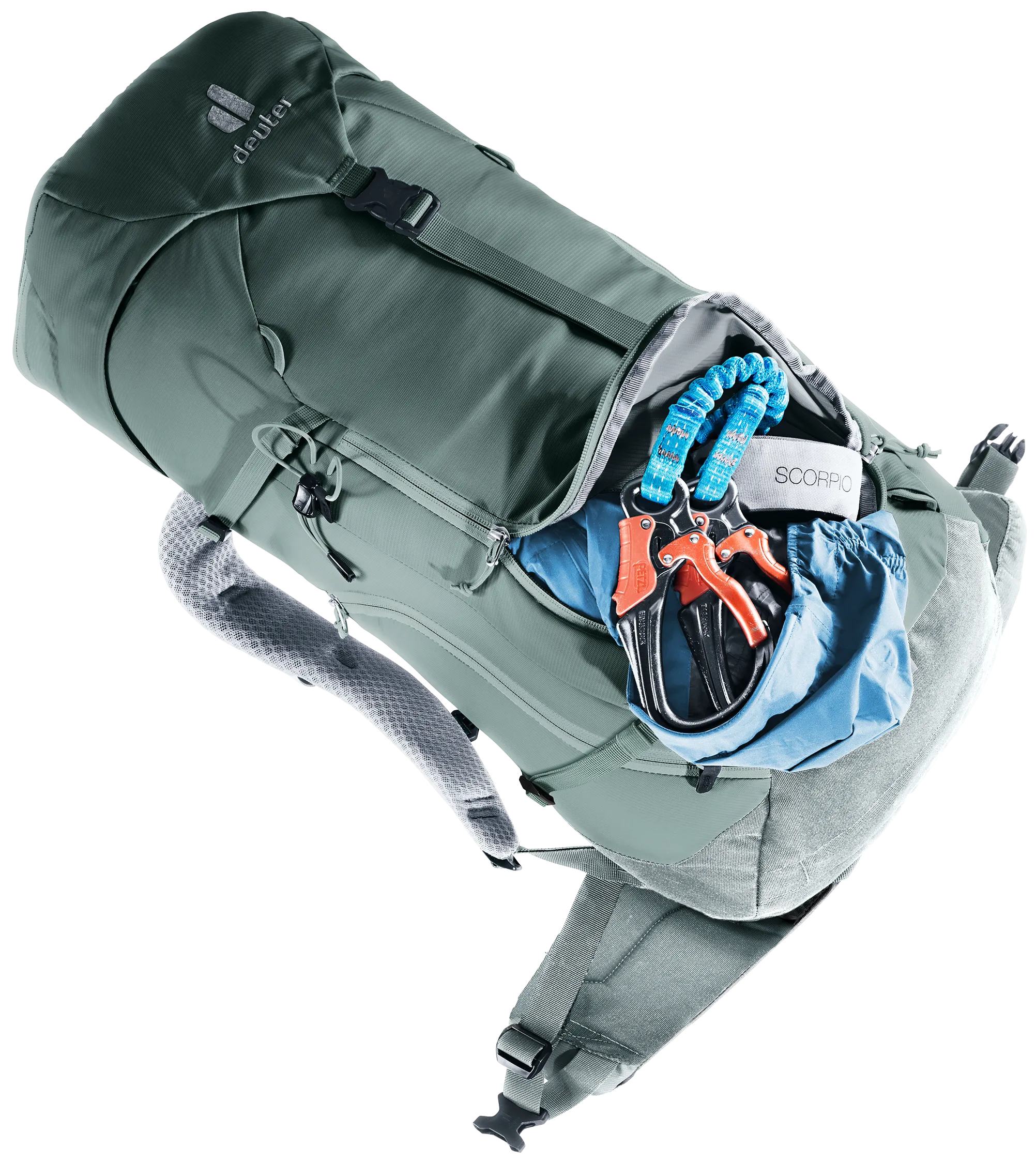 backpack, hiking bag, rope, carabiners, clips