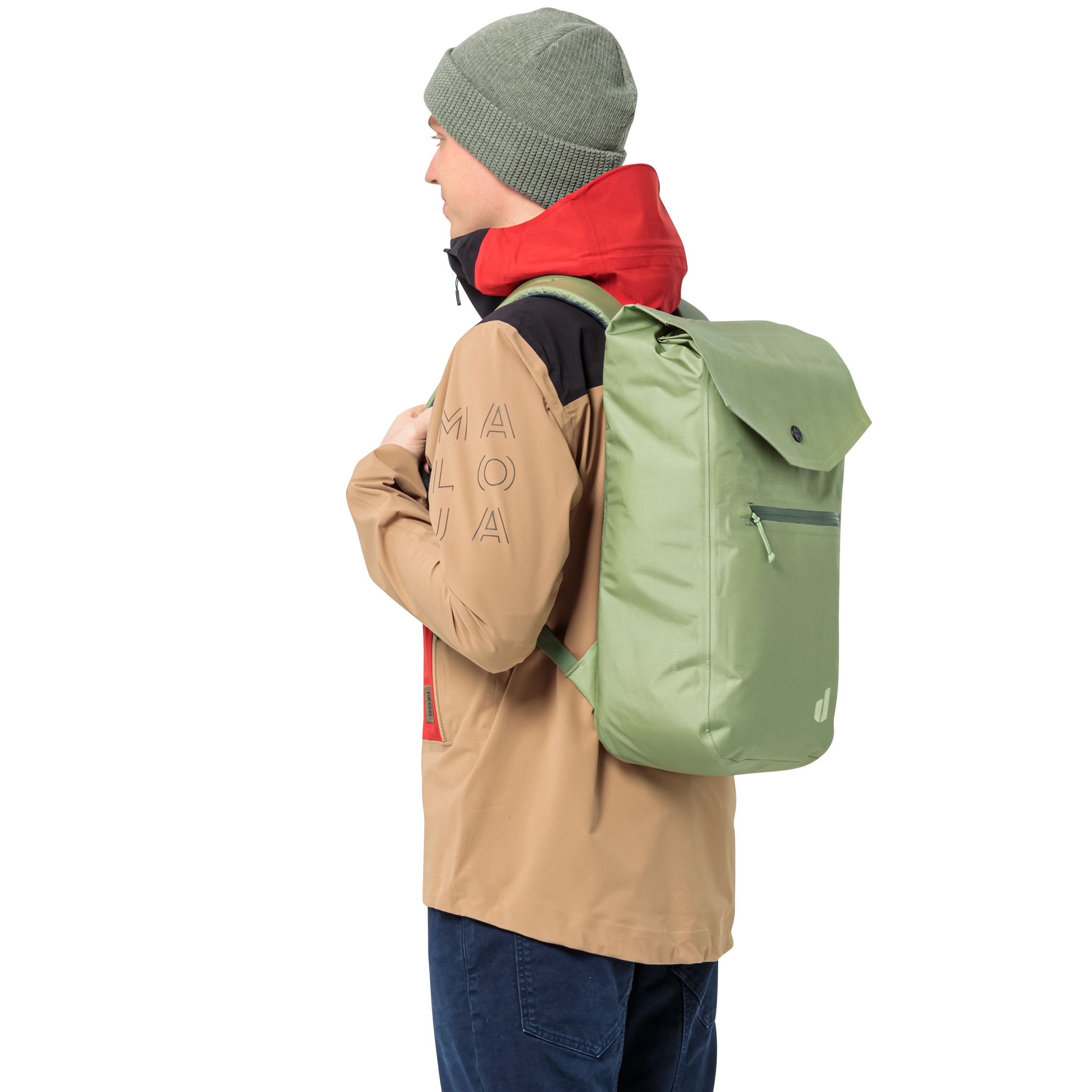 Clothing, Coat, Bag, Person, Backpack, backpack, green, shoulder strap, hooded jacket, beanie