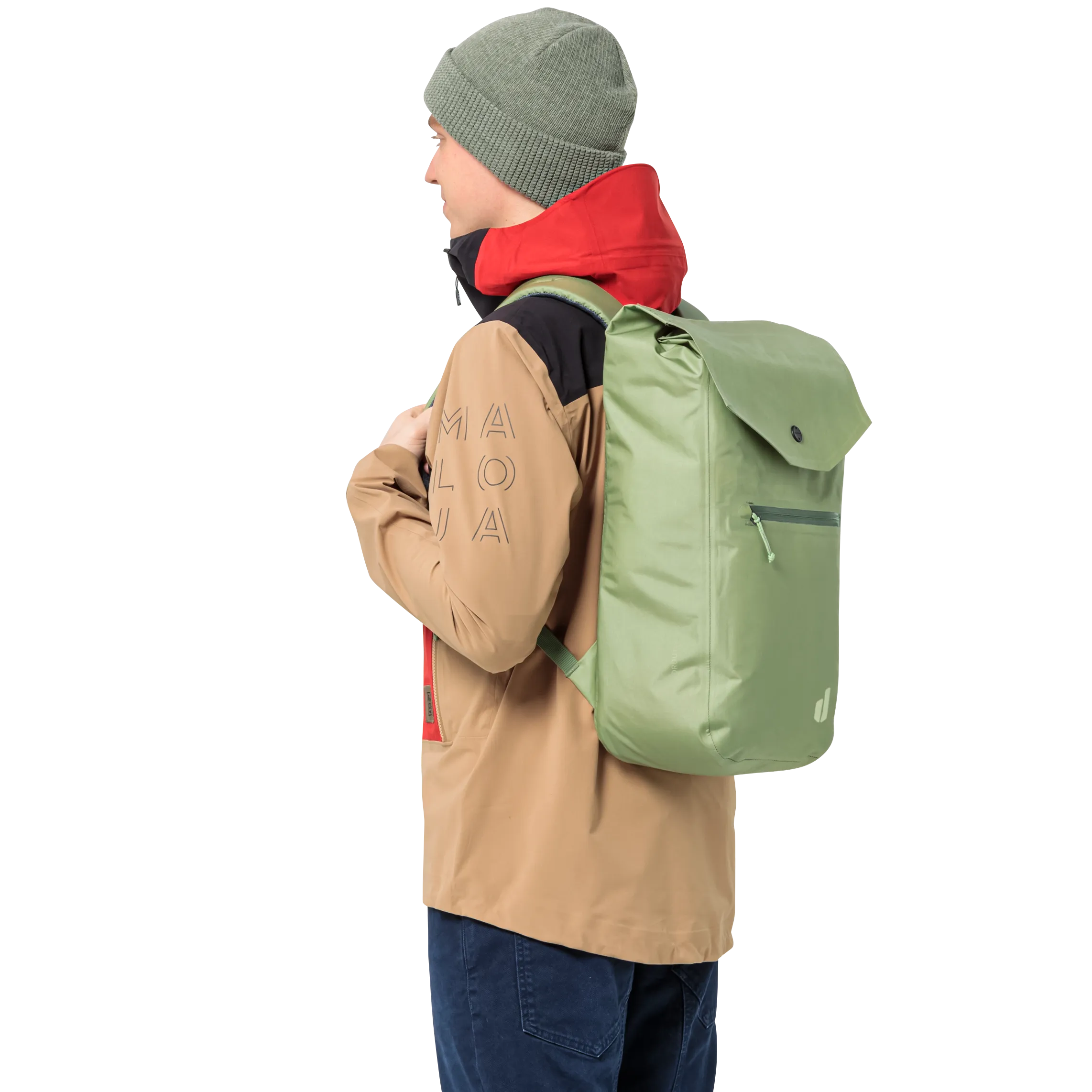 Clothing, Coat, Bag, Person, Backpack, backpack, green, shoulder strap, hooded jacket, beanie