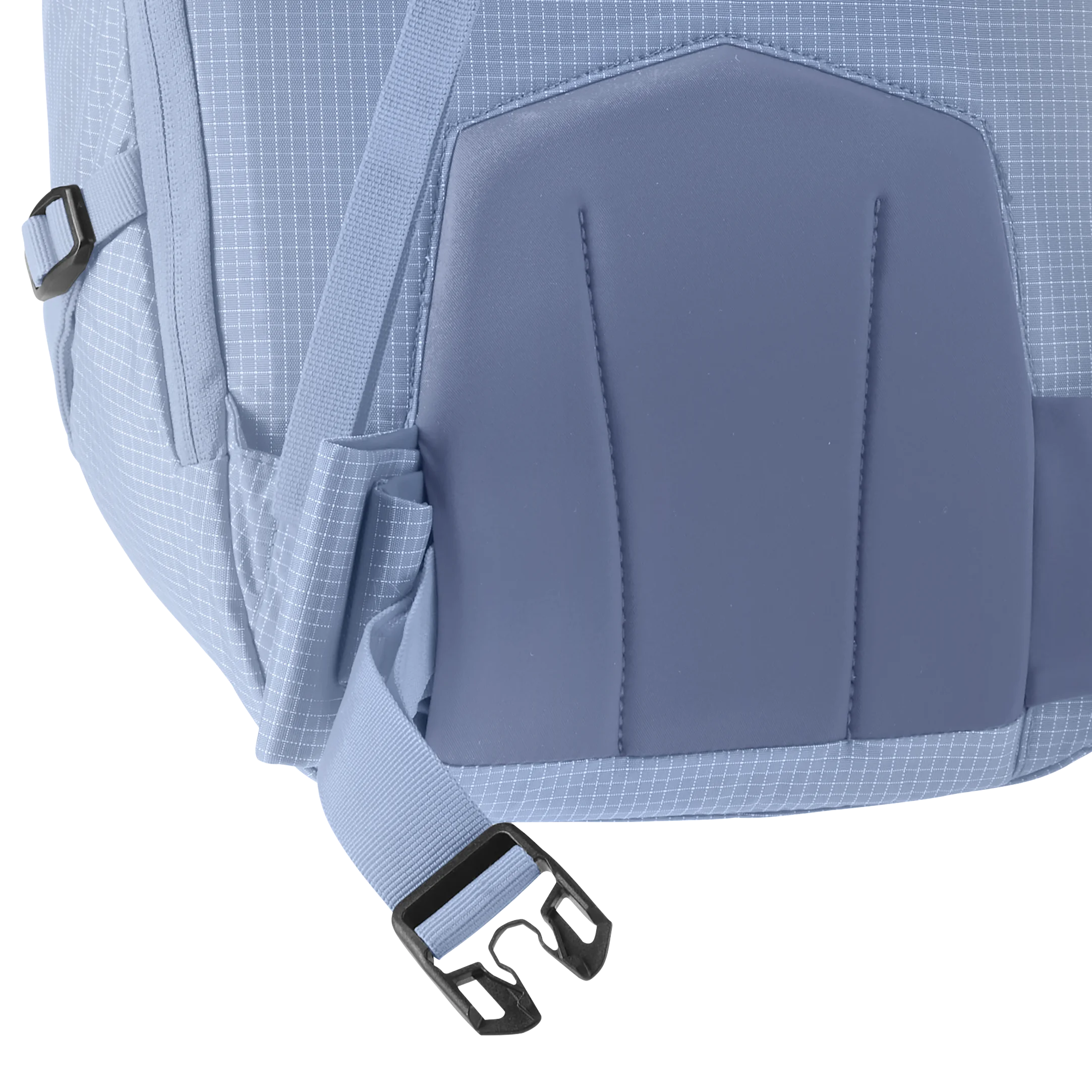 backpack, shoulder strap, padded, light blue, grid pattern