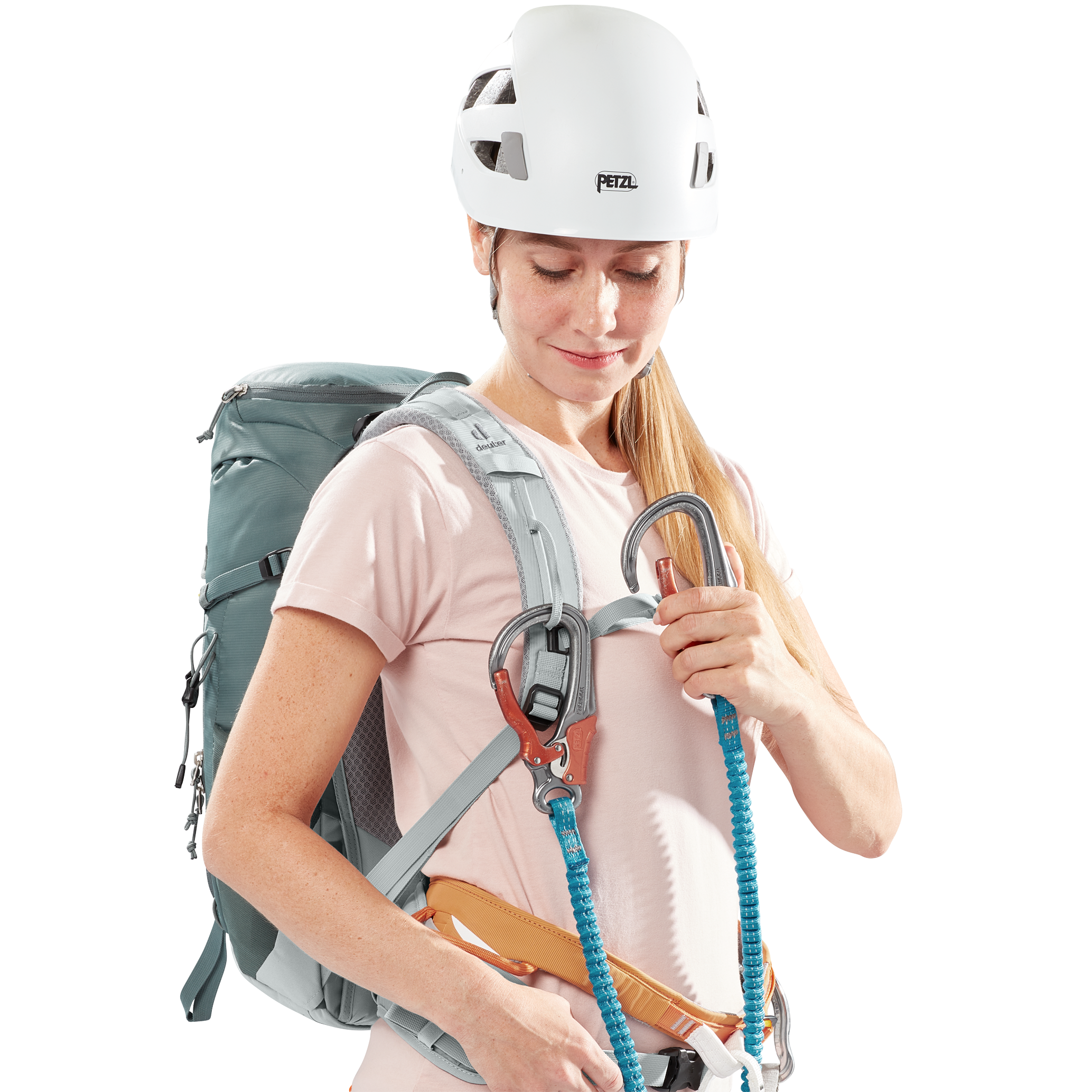 climbing helmet, harness, backpack, carabiners, rock climbing gear