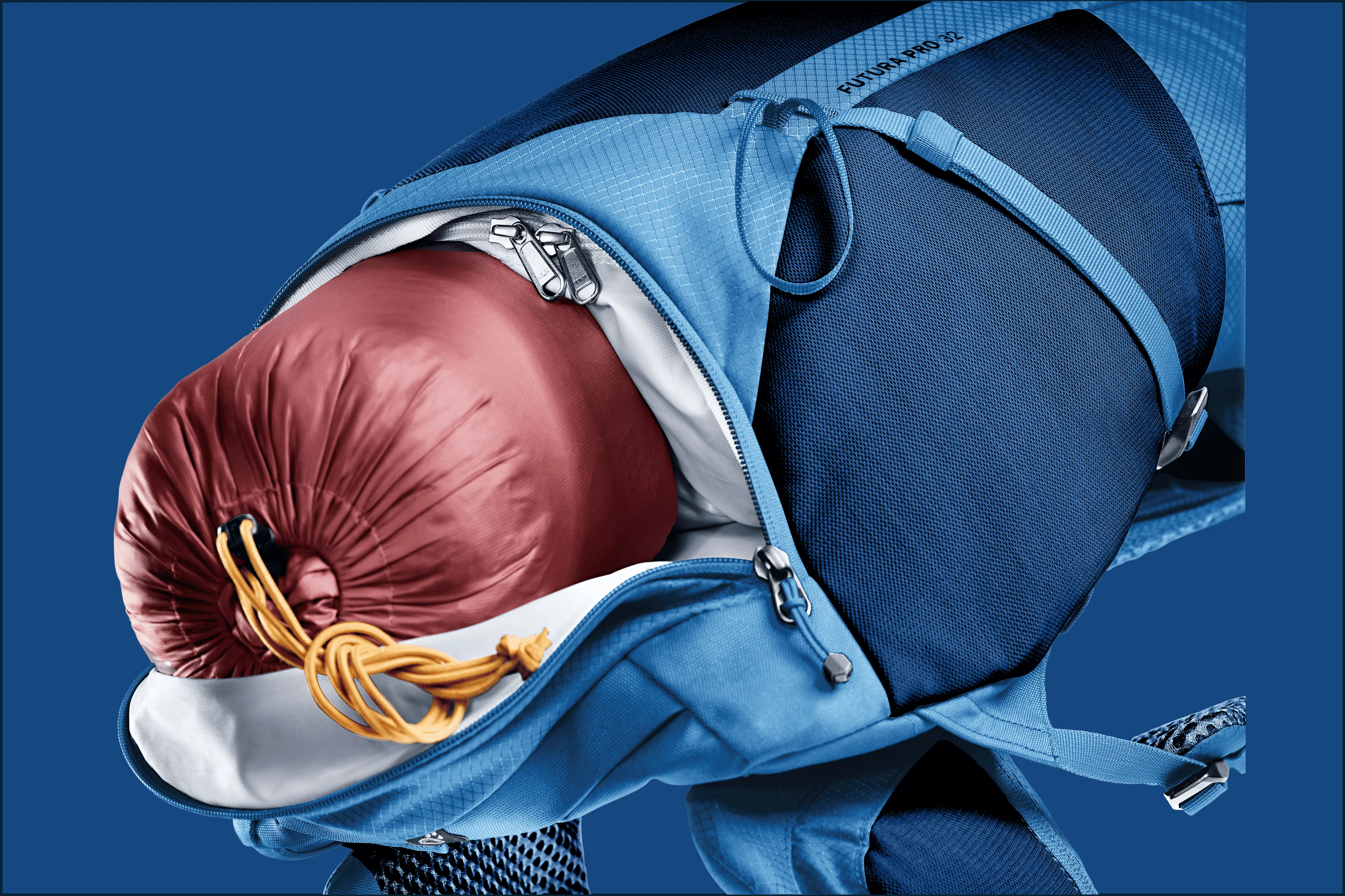 backpack, blue backpack, front-zip, hydration, pocket