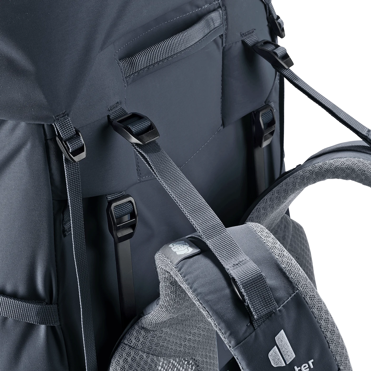 backpack, external straps, mesh pocket, padded shoulder strap, gray