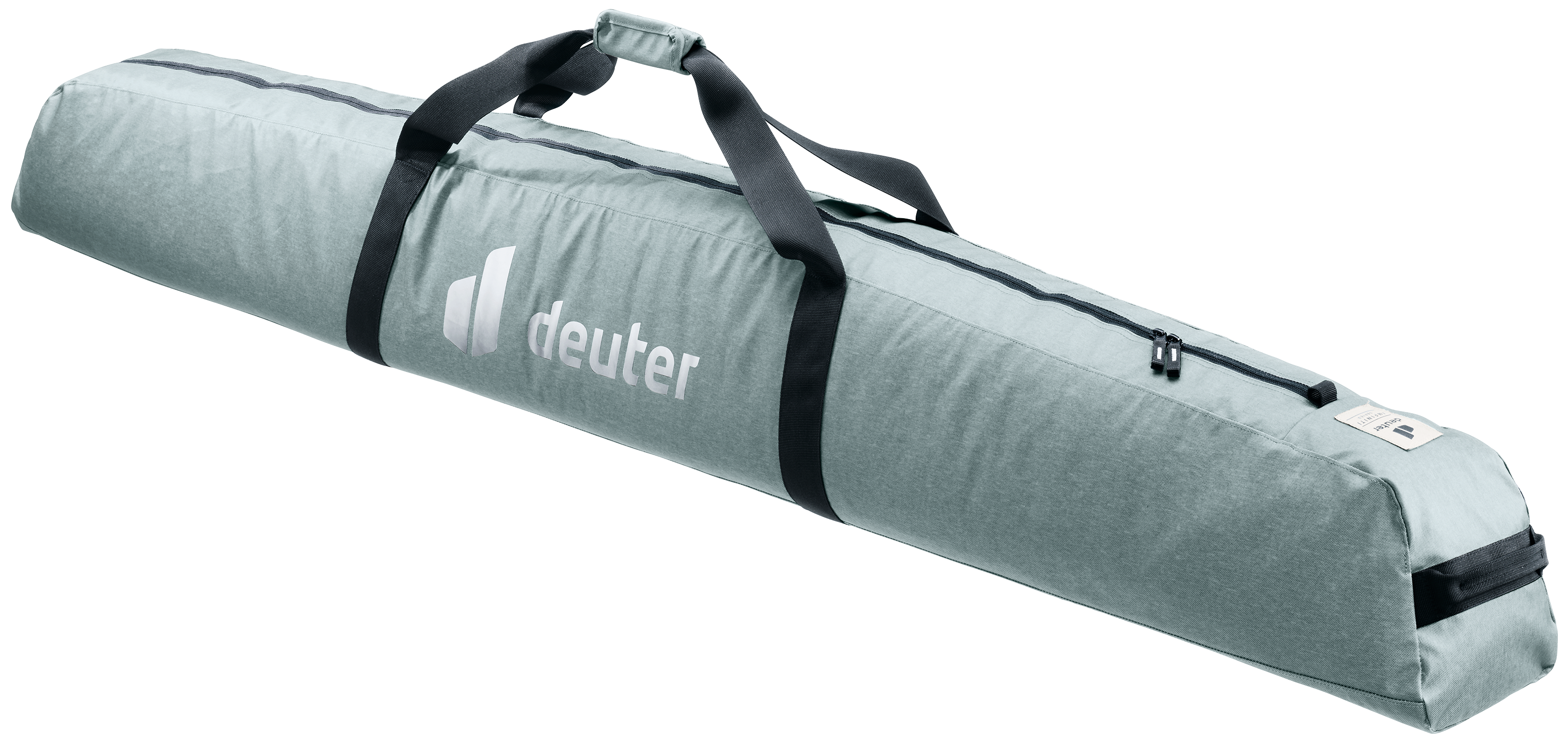 ski bag, padded case, gray fabric, zippered, carry handles