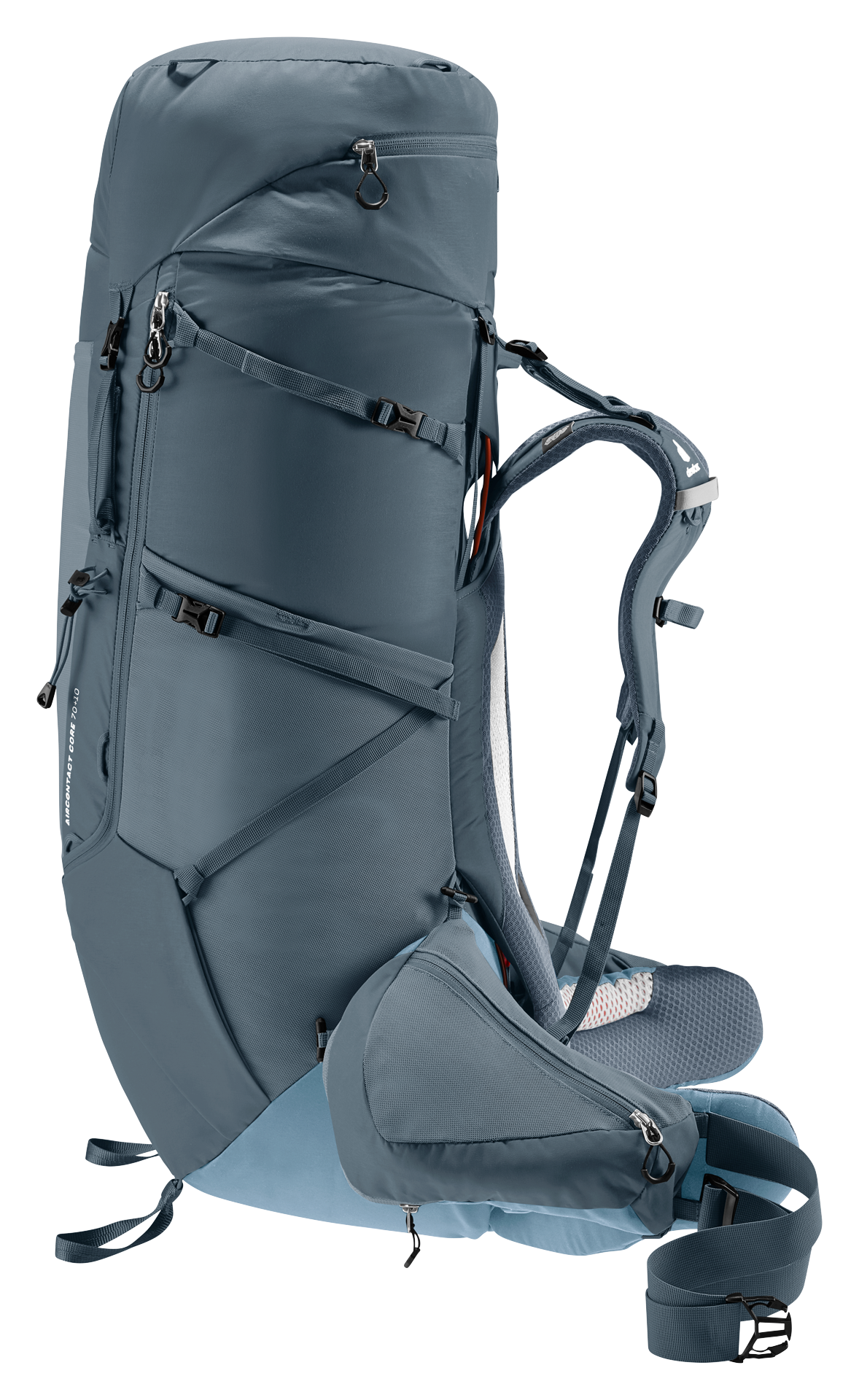Aircontact Core 70+10 backpack, hiking, external frame, blue, shoulder straps