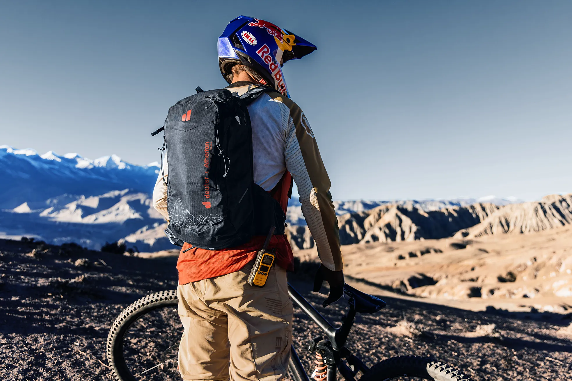 mountain bike, backpack, helmet, outdoor gear, hiking pants