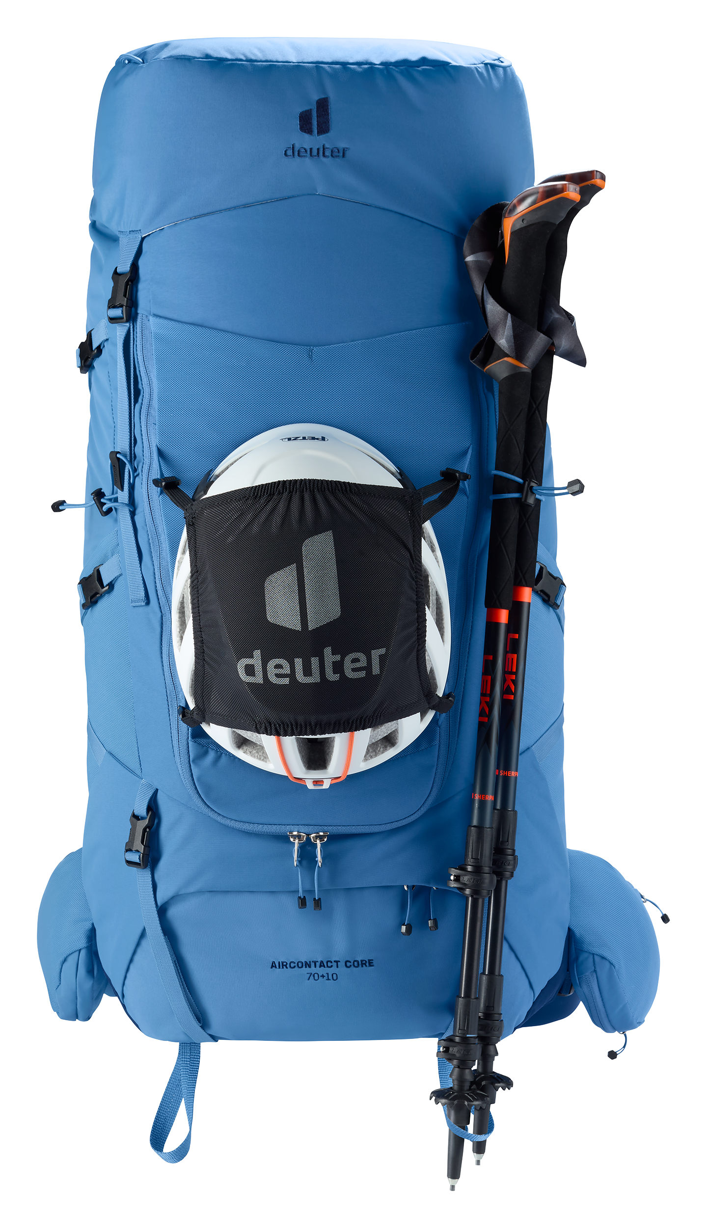 Aircontact Core 70+10 backpack, hiking, hydration, helmet, poles, backpack, hiking pack, internal frame, blue, front pocket