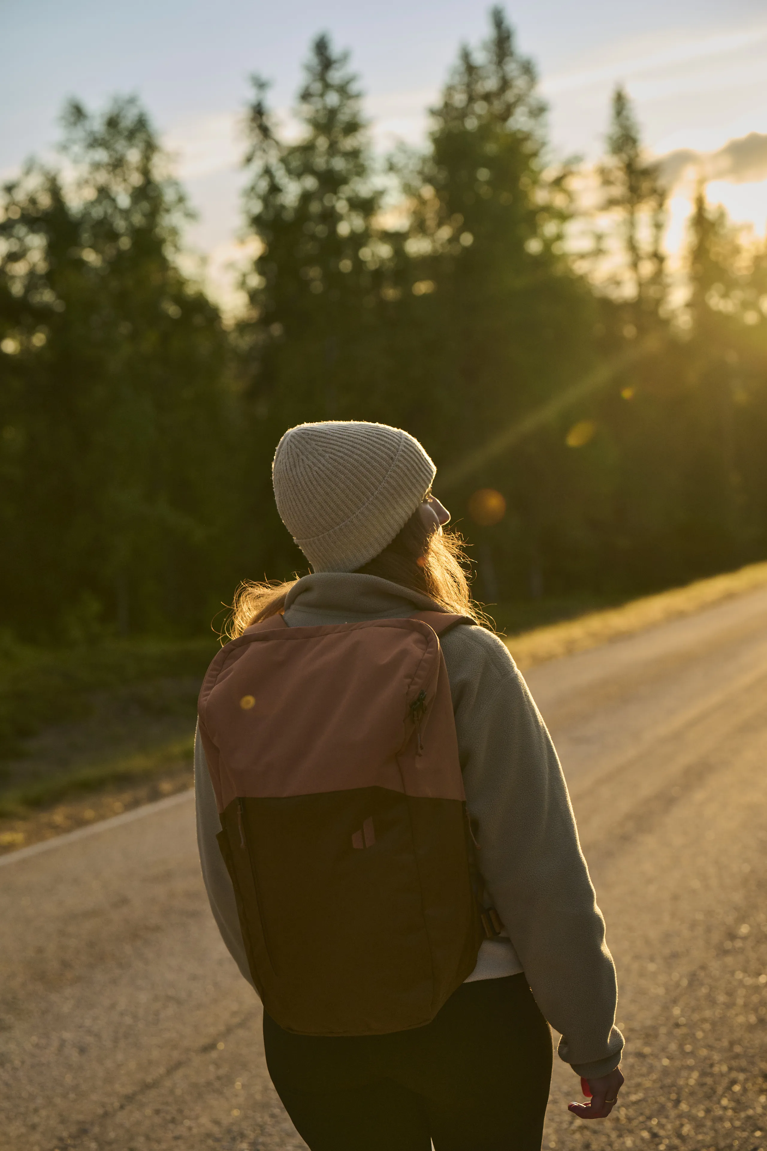 backpack, hiking, beanie, outdoor, sunset