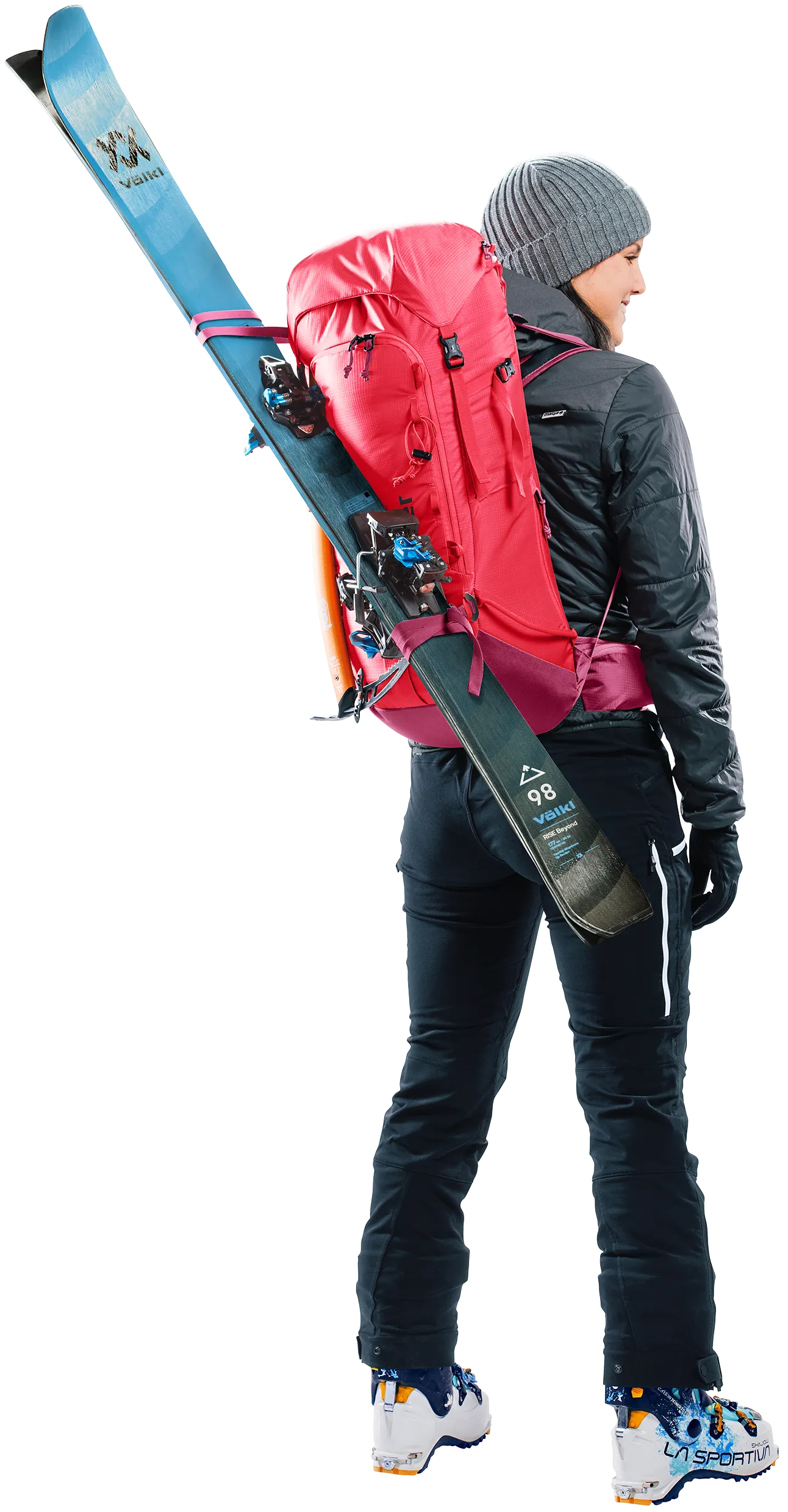 Coat, Glove, Pants, Bag, Person, ski backpack, skiing gear, hydration pocket, red backpack, skis attached