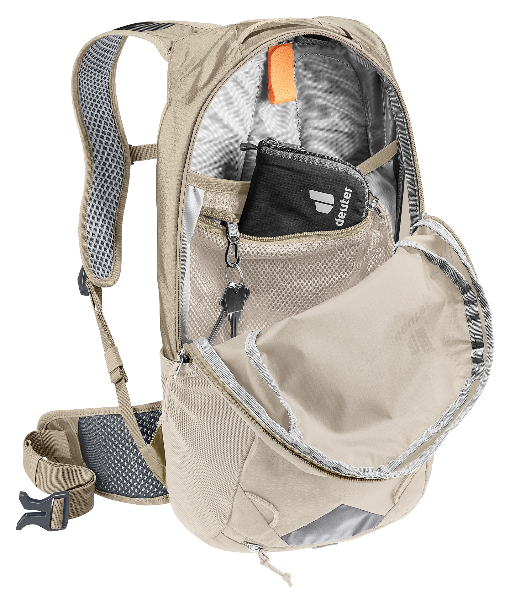 backpack, hydration, mesh pocket, tan, zipper