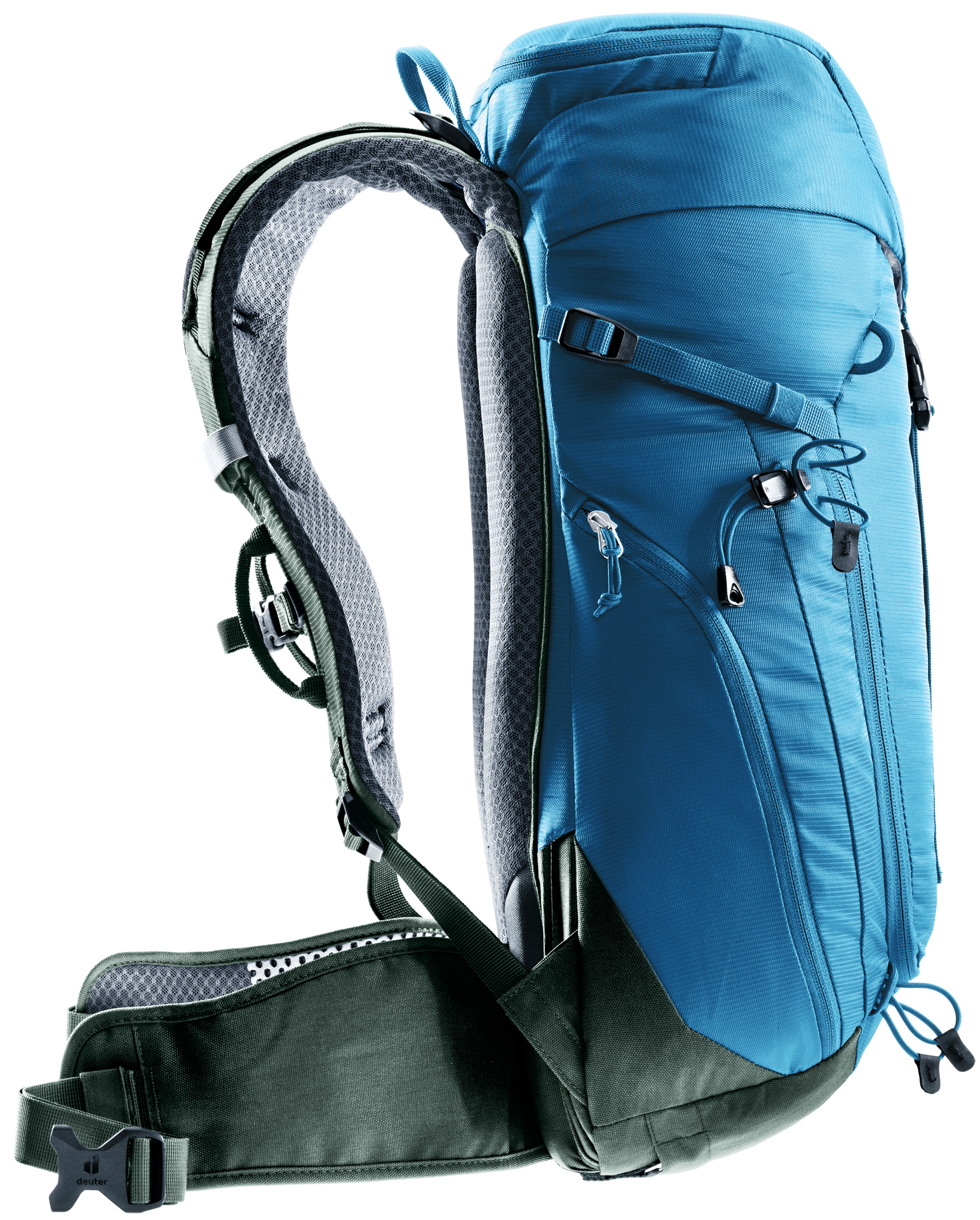 backpack, hiking, blue, padded strap, side pocket