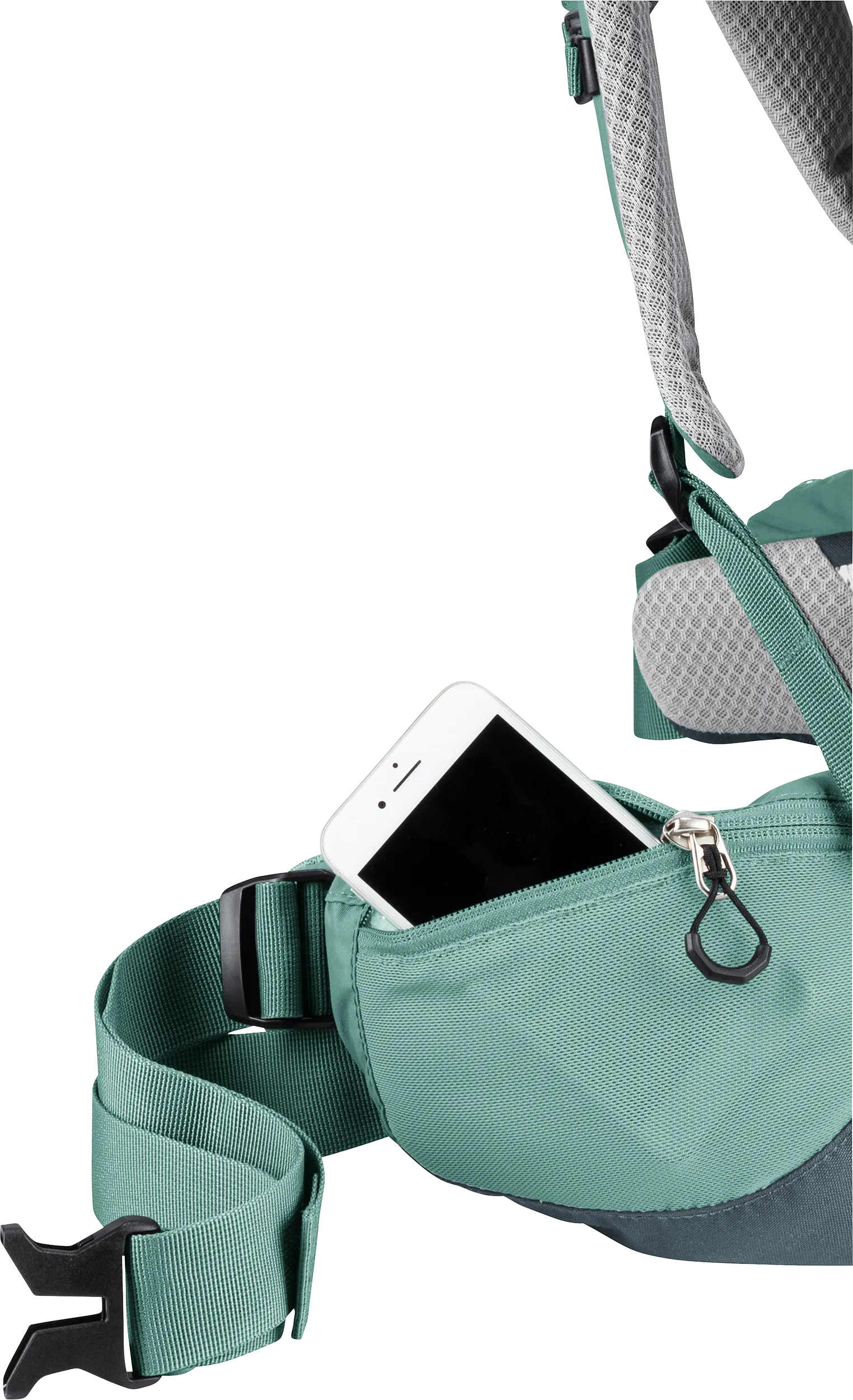 hip pack, waist bag, fanny pack, phone pocket, green strap