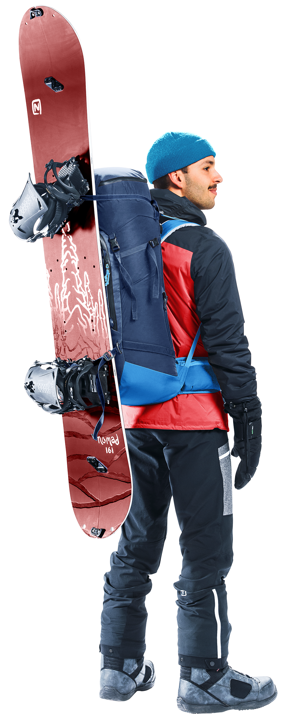 Coat, Jacket, Person, Pants, Cap, snowboard, snowboarder, backpack, outerwear, ski-pants