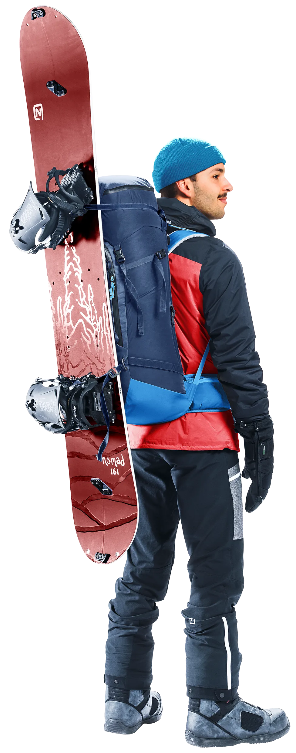 Coat, Jacket, Person, Pants, Cap, snowboard, snowboarder, backpack, outerwear, ski-pants